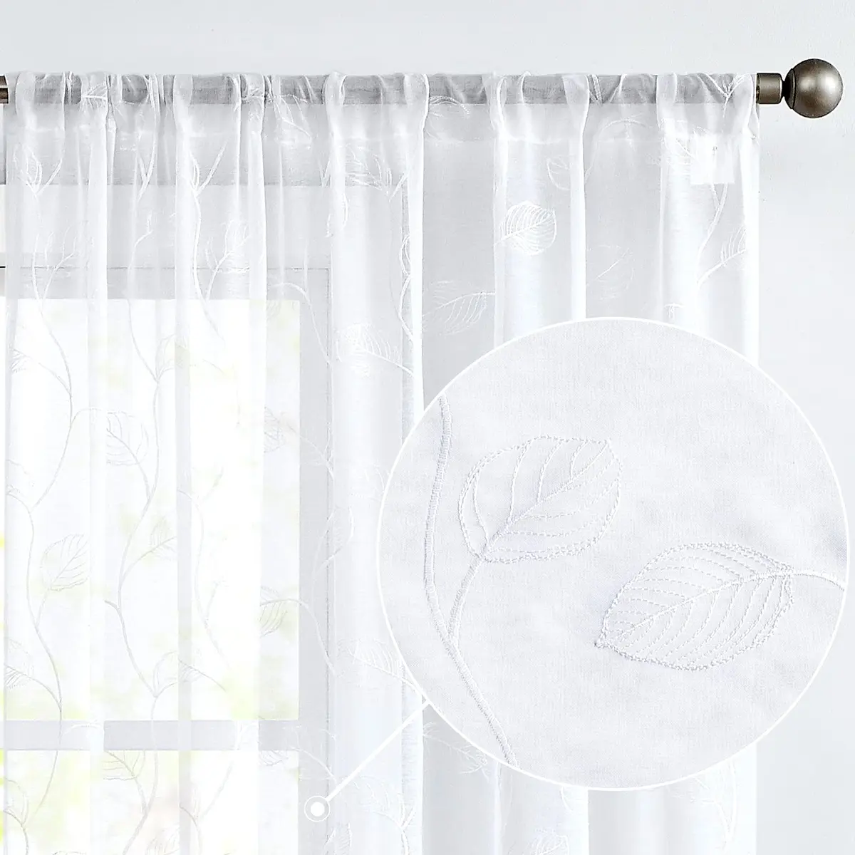 Lazzzy White Sheer Curtains Leaf Embroidered 54 Inch | Elegant Modern Window Drapes - main product image
