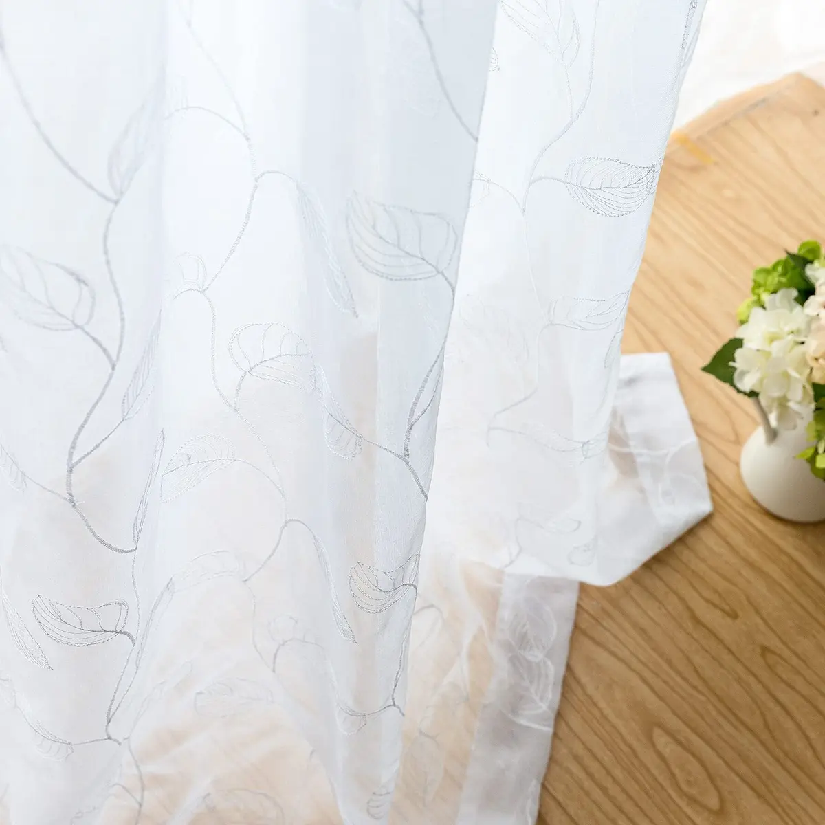 Lazzzy White Sheer Curtains Leaf Embroidered 54 Inch | Elegant Modern Window Drapes - view 5