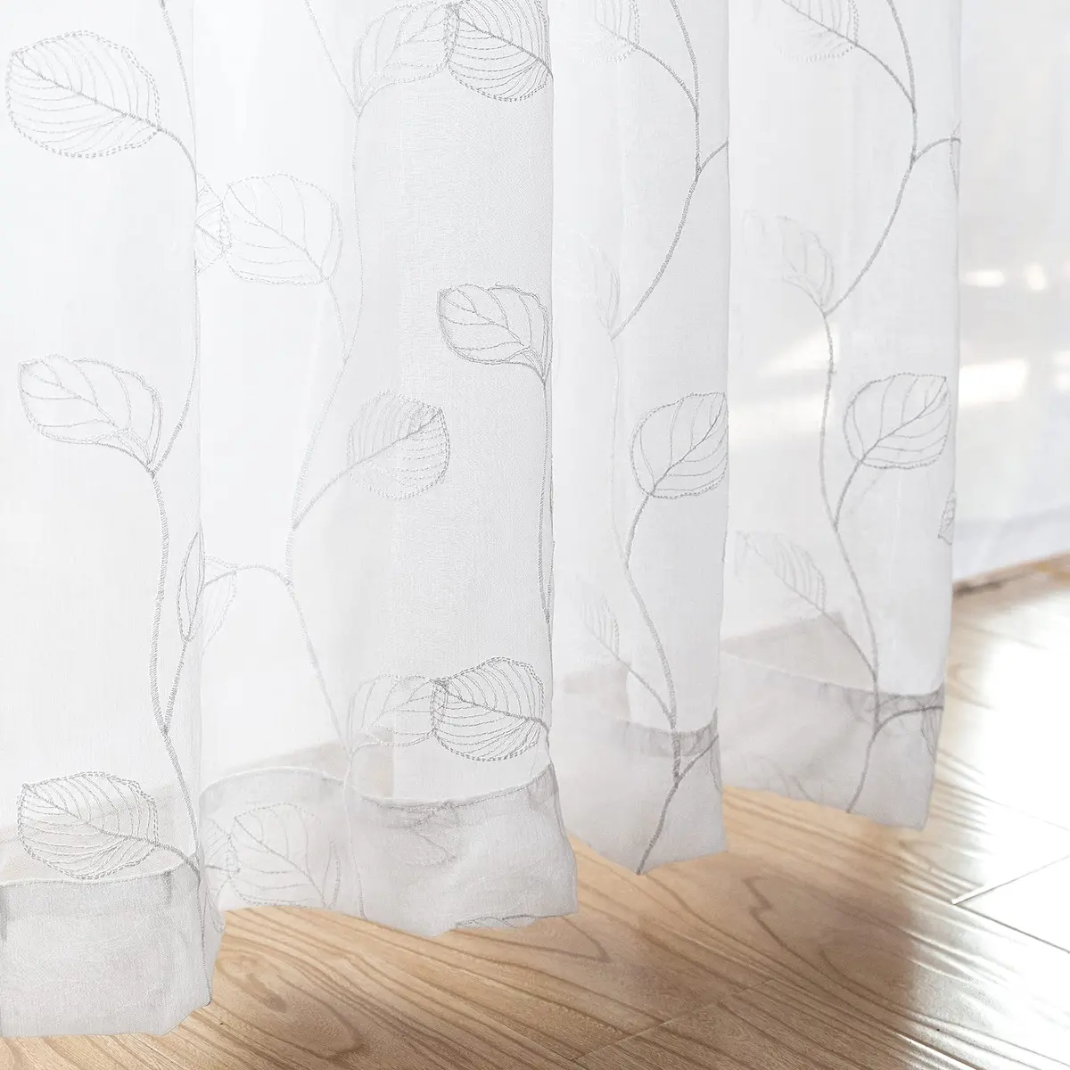 Lazzzy White Sheer Curtains Leaf Embroidered 54 Inch | Elegant Modern Window Drapes - view 2