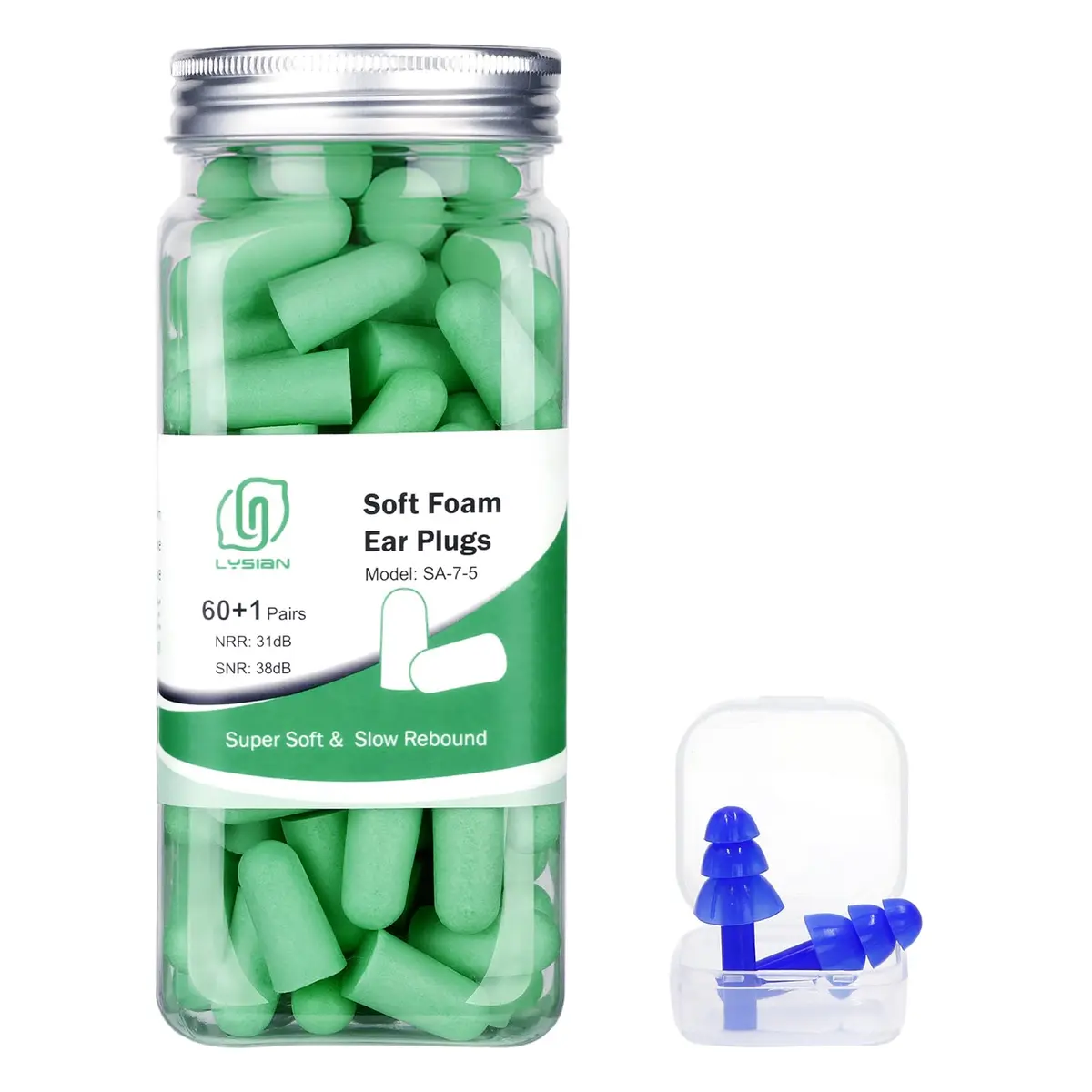 LYSIAN Soft Foam Ear Plugs for Sleeping 60 Pairs | 38dB Noise Reduction, Green - main product image