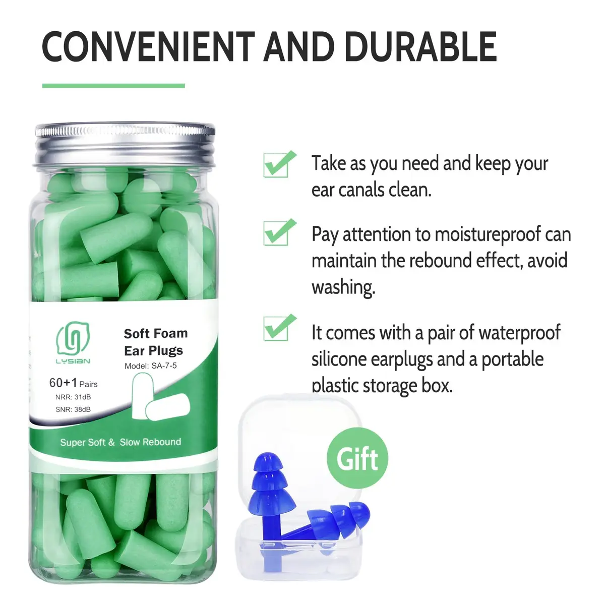 LYSIAN Soft Foam Ear Plugs for Sleeping 60 Pairs | 38dB Noise Reduction, Green - view 2