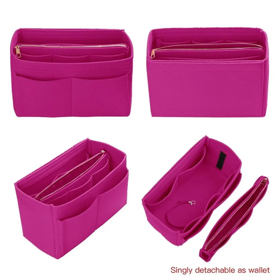 ZTUJO Felt Purse Organizer Insert Medium Rosy | 13 Pockets with Metal Zipper & Detachable Wallet - view 3