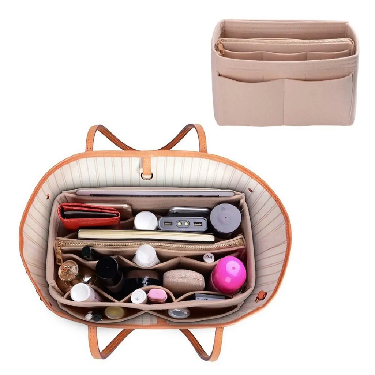 ZTUJO Felt Purse Organizer Insert for Handbags & Totes, X-Large Beige | 13 Pockets, Metal Zipper, Detachable Wallet - view 6