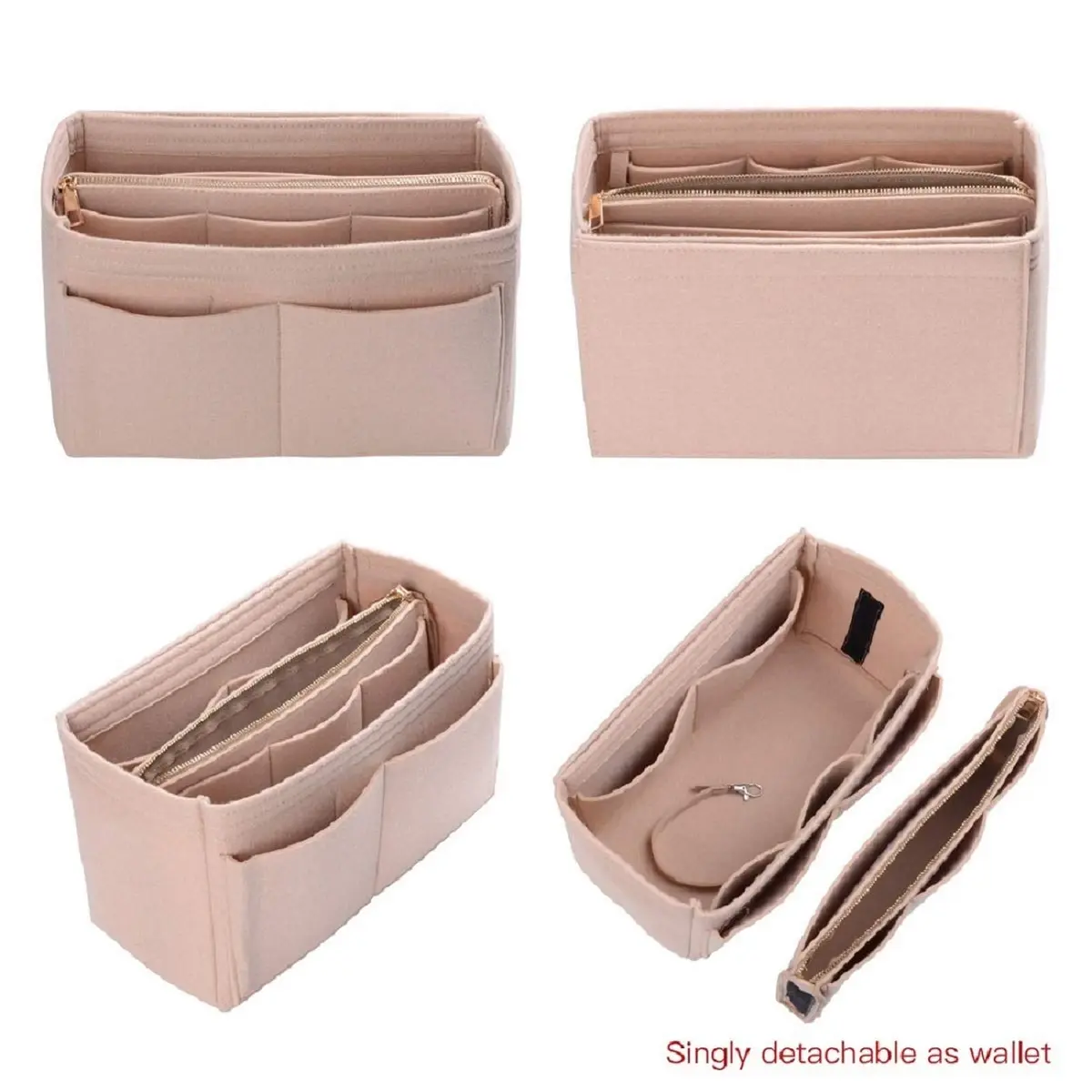 ZTUJO Felt Purse Organizer Insert for Handbags & Totes, X-Large Beige | 13 Pockets, Metal Zipper, Detachable Wallet - view 3