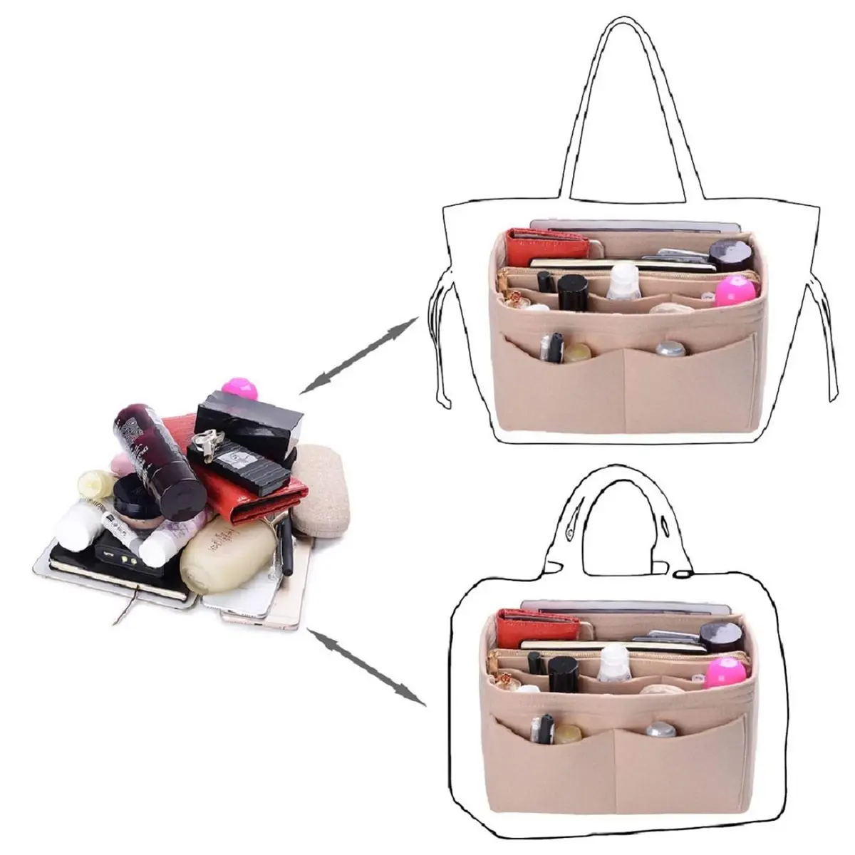 ZTUJO Felt Purse Organizer Insert for Handbags & Totes, X-Large Beige | 13 Pockets, Metal Zipper, Detachable Wallet - view 4