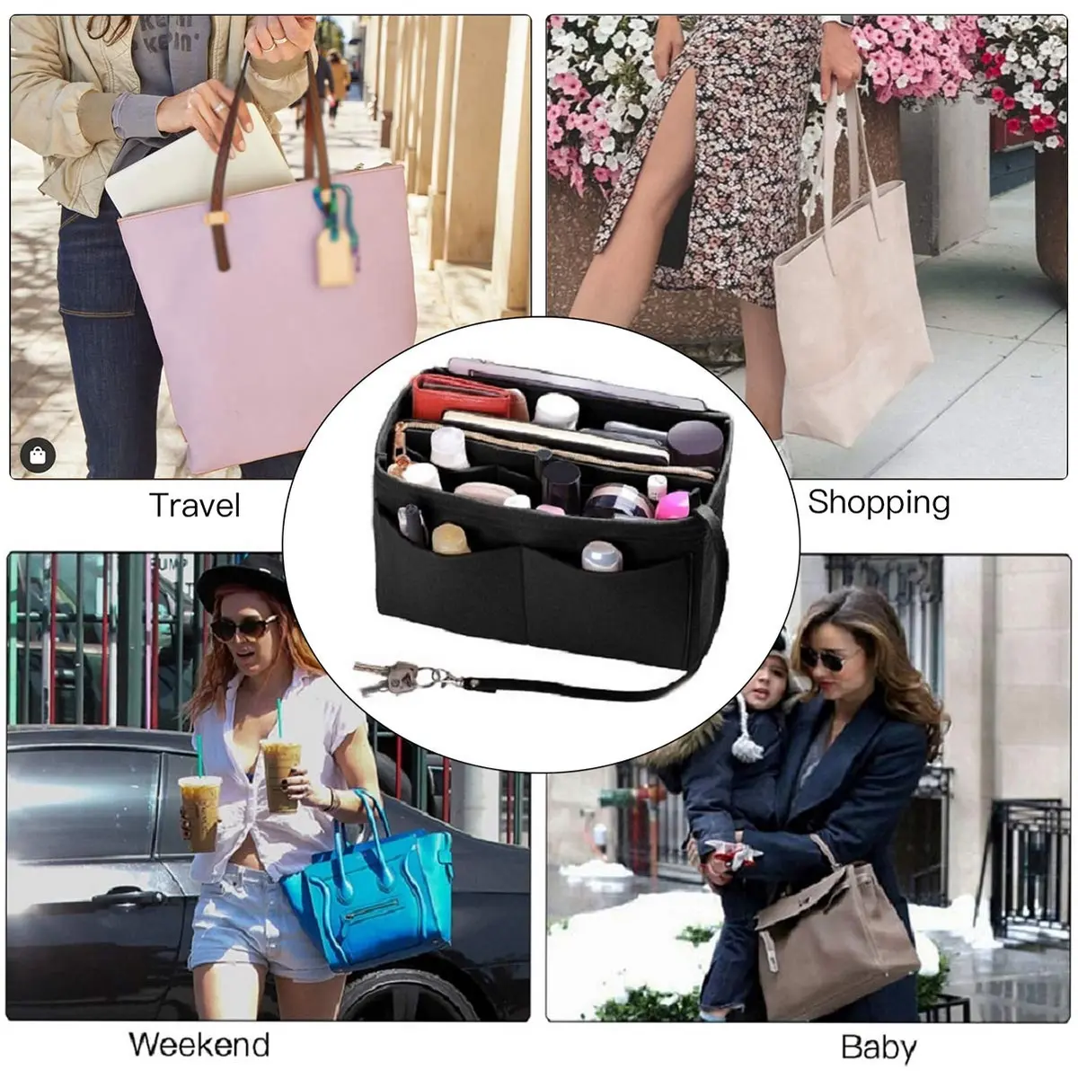 ZTUJO Felt Purse Organizer Insert Medium Black | 23.5cm (9.25in) Width, 15cm (5.9in) Height, 13cm (5.1in) Depth - view 7