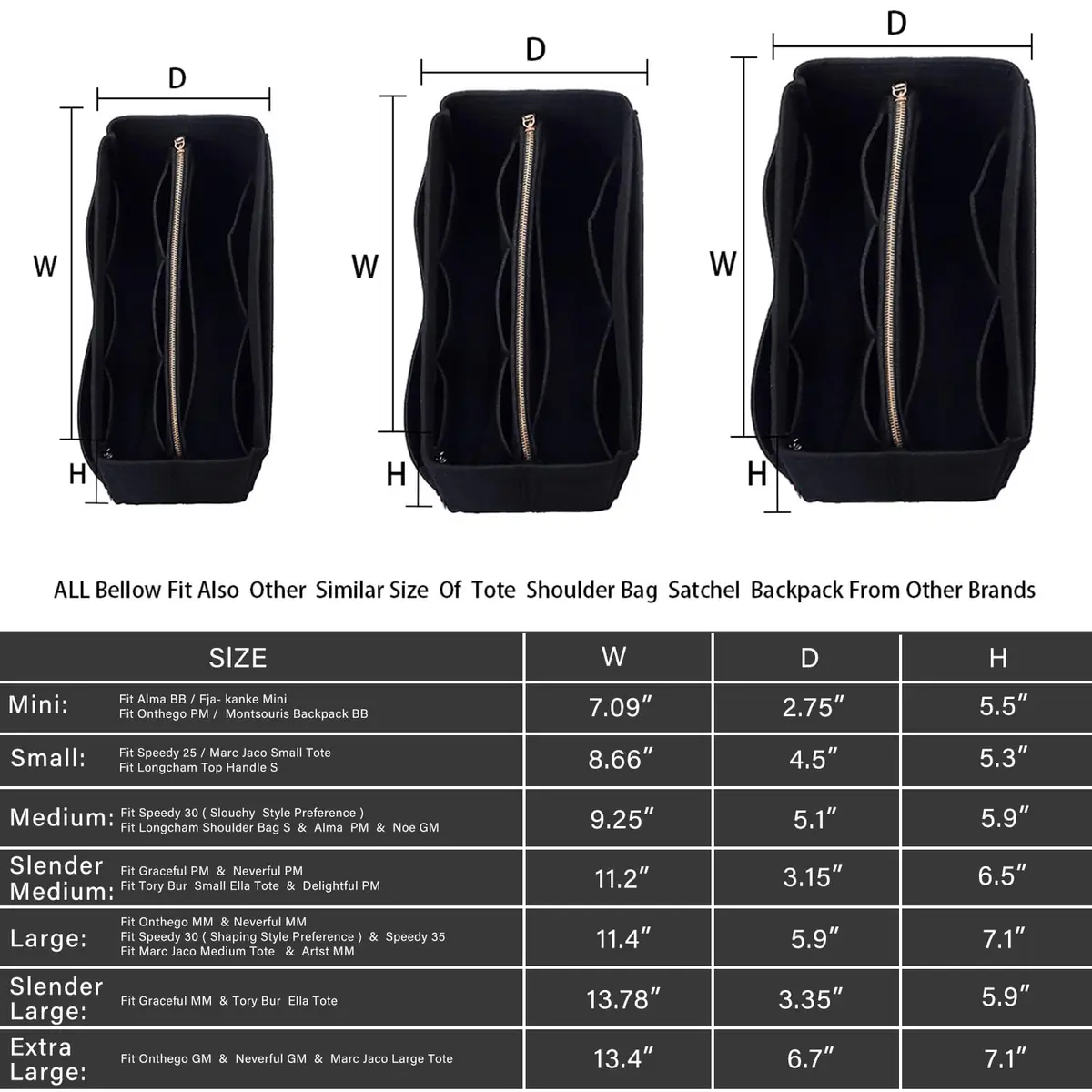 ZTUJO Felt Purse Organizer Insert Medium Black | 23.5cm (9.25in) Width, 15cm (5.9in) Height, 13cm (5.1in) Depth - view 2
