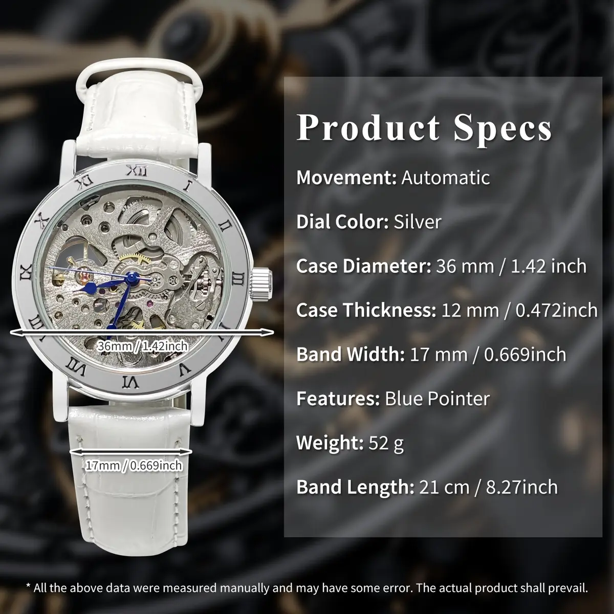 Gute Automatic Skeleton Watch Women Leather Mechanical Stainless | Steampunk Style, 36mm, Water-Resistant - view 8