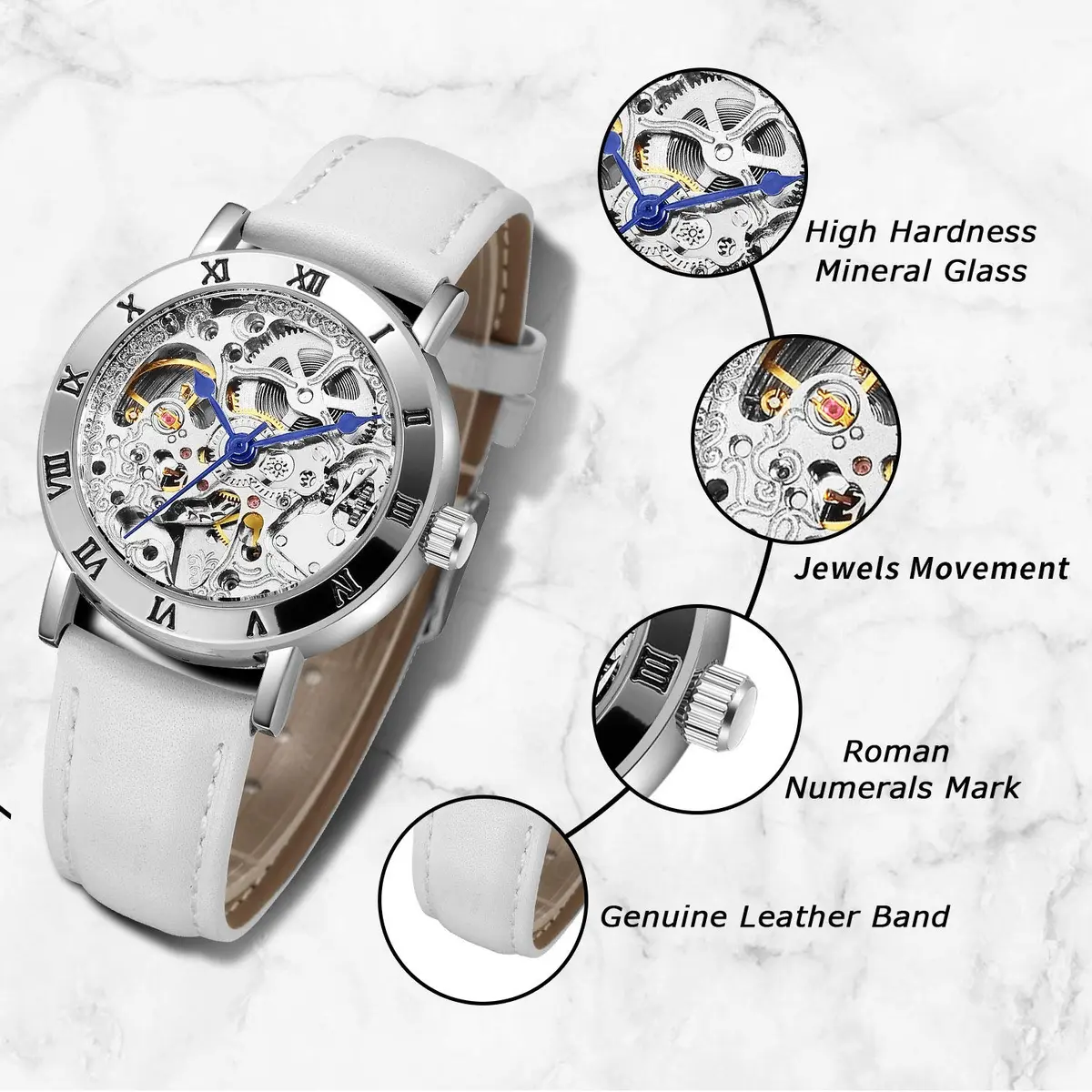 Gute Automatic Skeleton Watch Women Leather Mechanical Stainless | Steampunk Style, 36mm, Water-Resistant - view 3