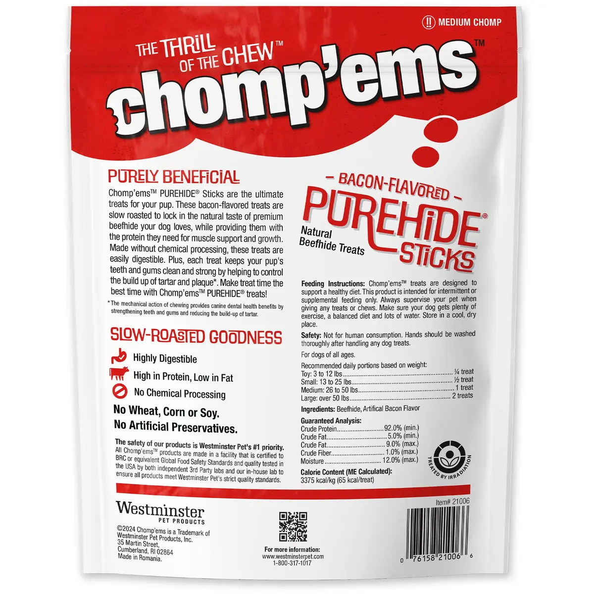 CHOMP 'EMS Bacon Flavored Purehide Sticks 12 oz | Natural Beefhide Dog Chews for All Sizes - view 9