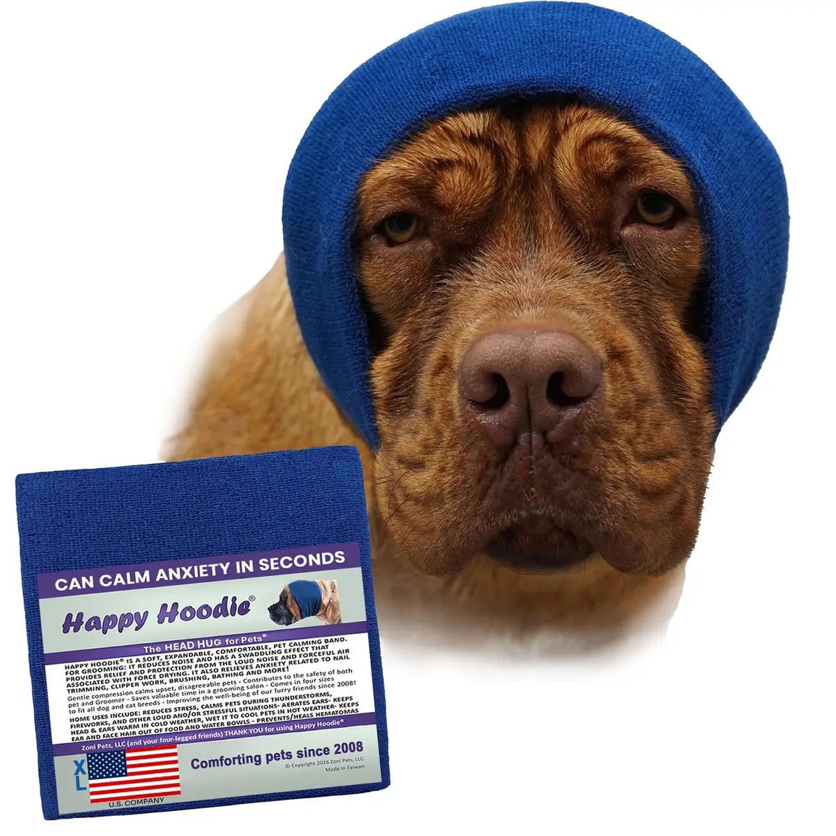 ZONI PETS Happy Hoodie The Original Dog & Cat Calming Band for Noise & Anxiety Relief, Blue (1-Pack) - main product image
