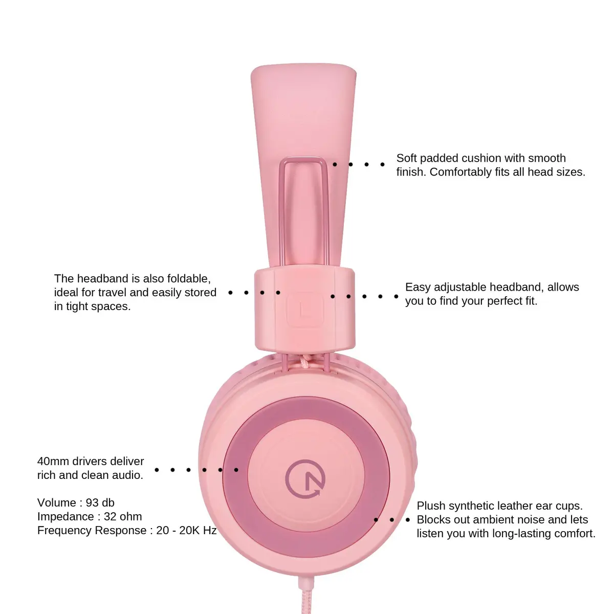 Noot Products K11 Kids Headphones Wired 3.5mm Jack Soft Pink | Tangle-Free, Adjustable & Foldable - view 3