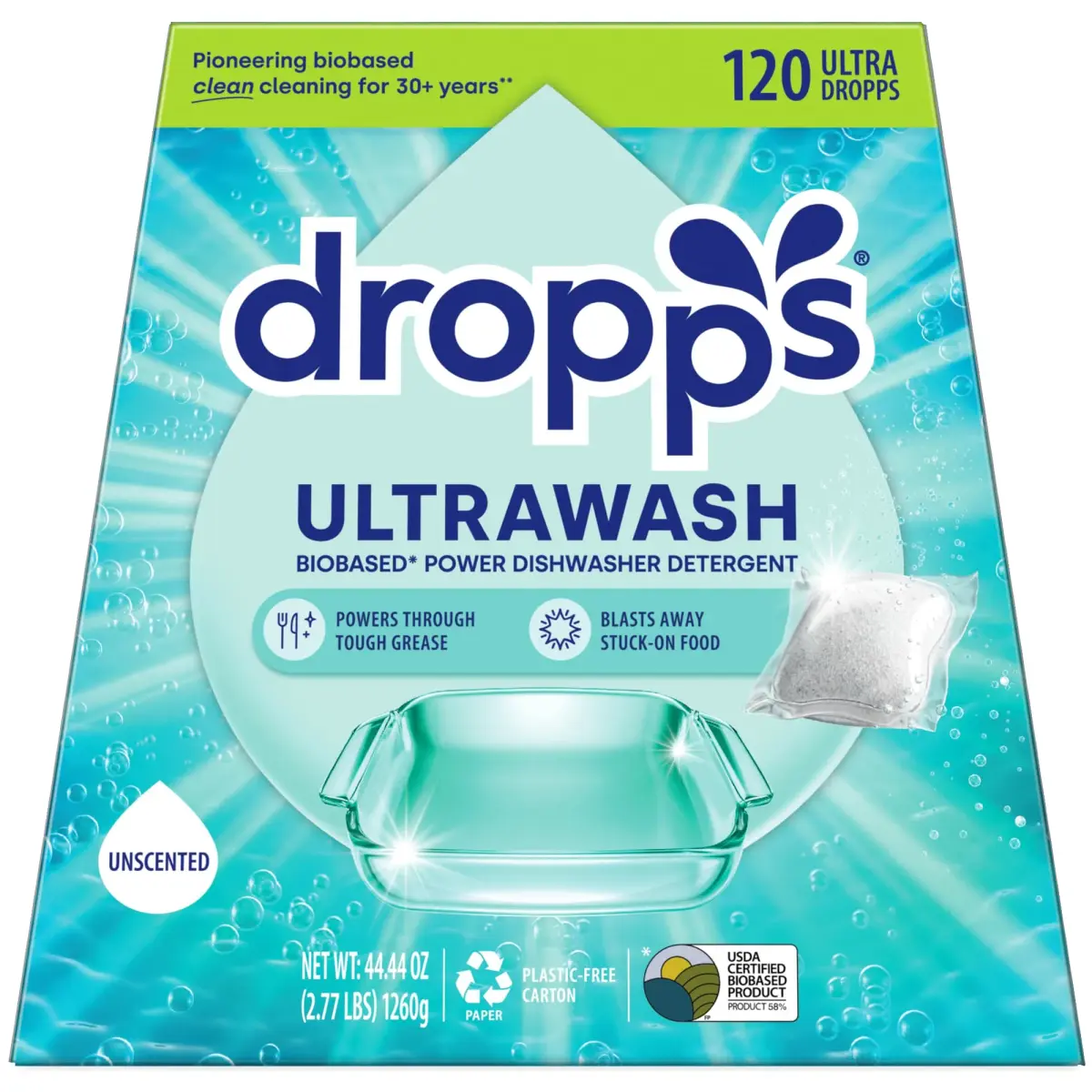 Dropps UltraWash Dishwasher Detergent Pods Unscented 120 Count | USDA Biobased Formula - main product image