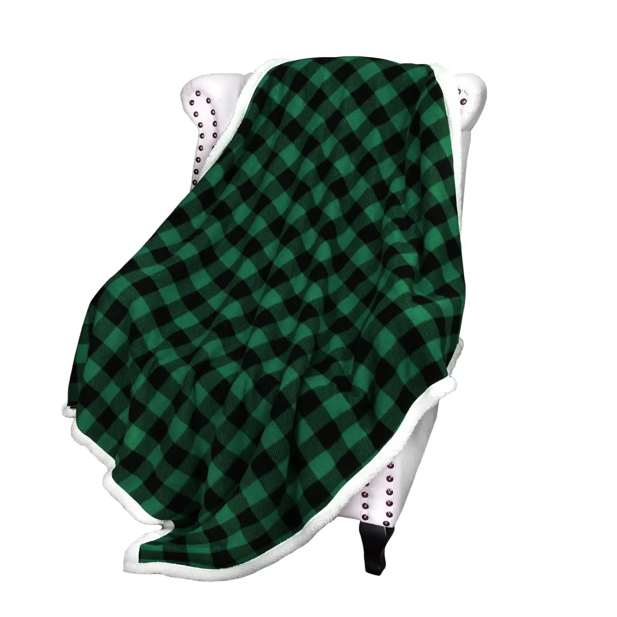 Catalonia Buffalo Plaid Green Sherpa Throw Blanket | Reversible Fuzzy Cozy 50x60 inches - main product image