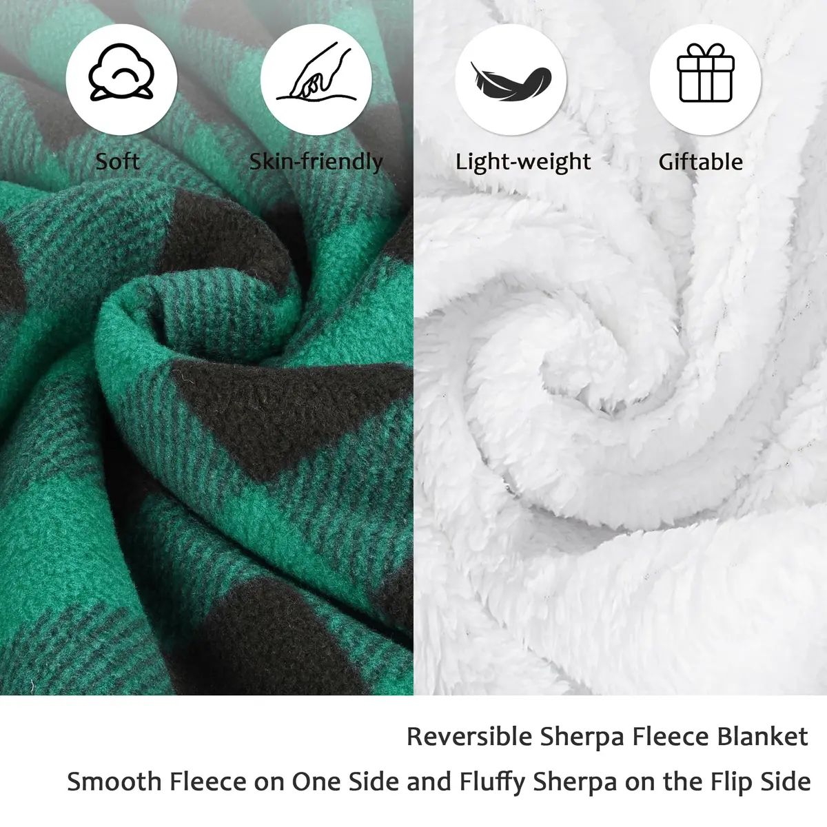 Catalonia Buffalo Plaid Green Sherpa Throw Blanket | Reversible Fuzzy Cozy 50x60 inches - view 5