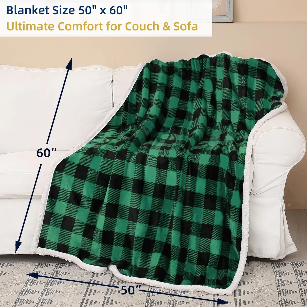 Catalonia Buffalo Plaid Green Sherpa Throw Blanket | Reversible Fuzzy Cozy 50x60 inches - view 6