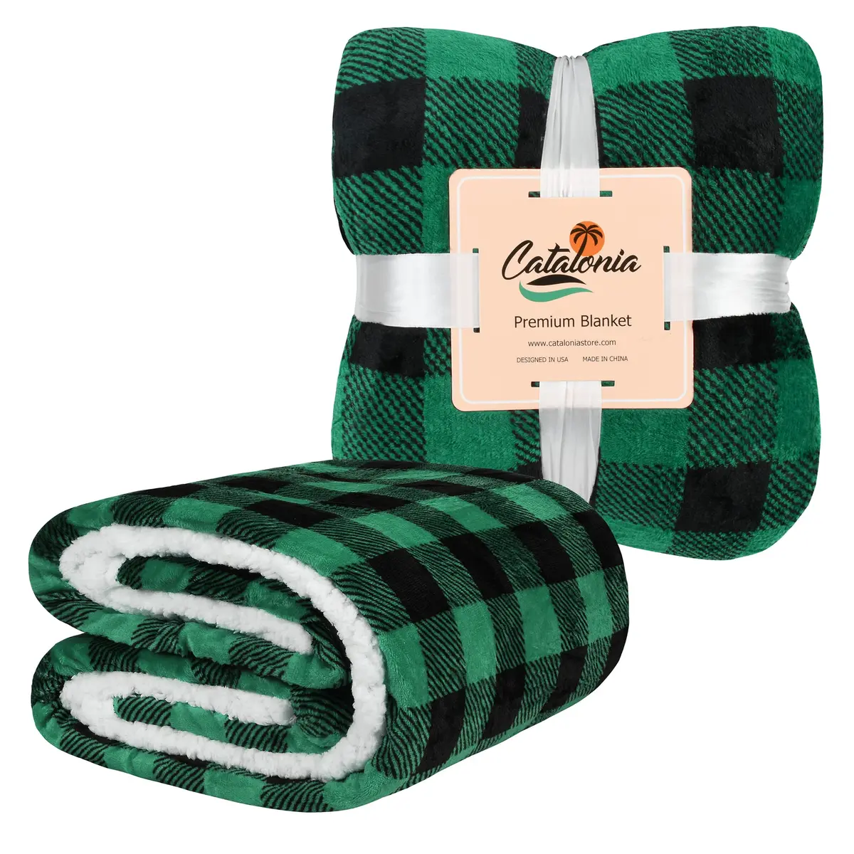 Catalonia Buffalo Plaid Green Sherpa Throw Blanket | Reversible Fuzzy Cozy 50x60 inches - view 7