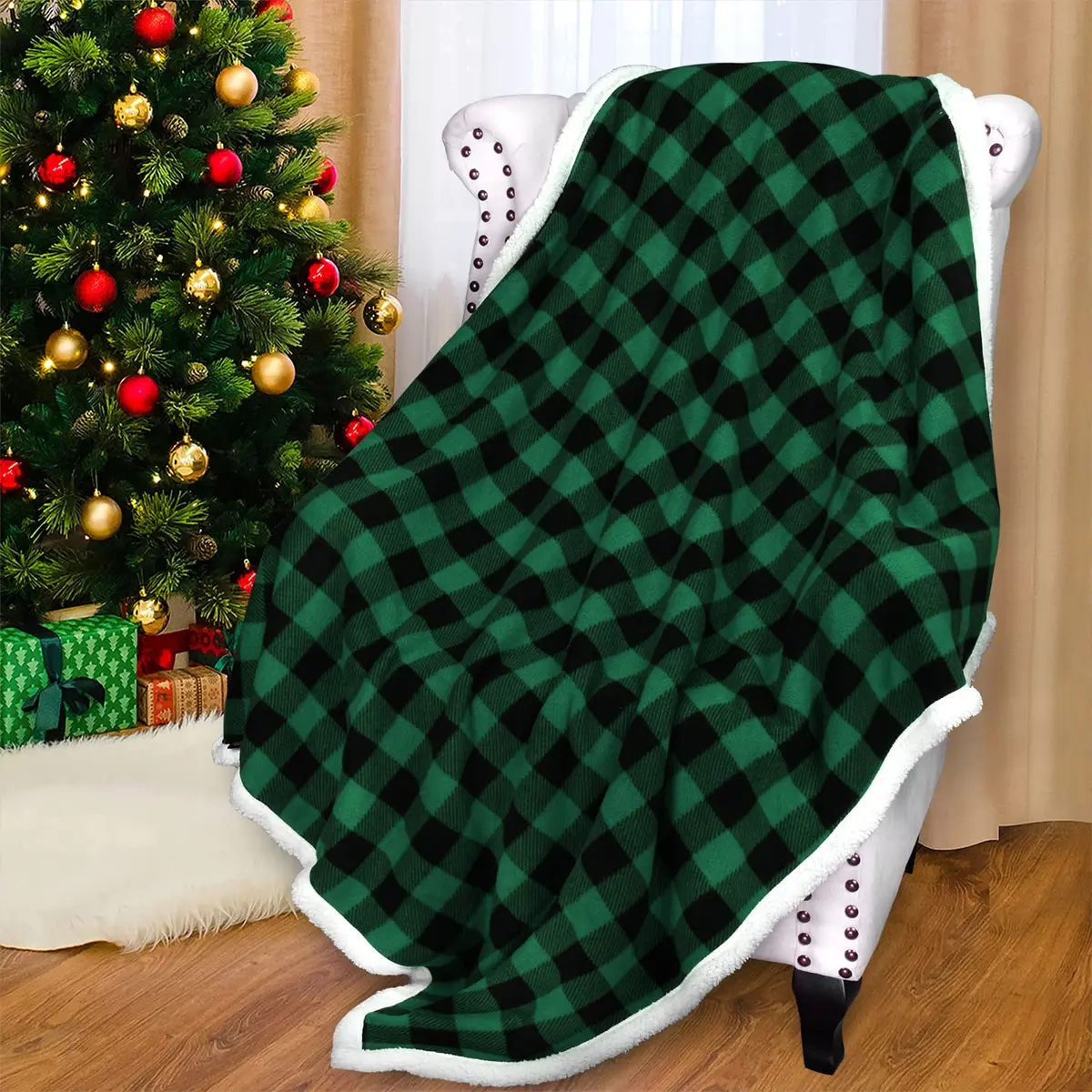 Catalonia Buffalo Plaid Green Sherpa Throw Blanket | Reversible Fuzzy Cozy 50x60 inches - view 8