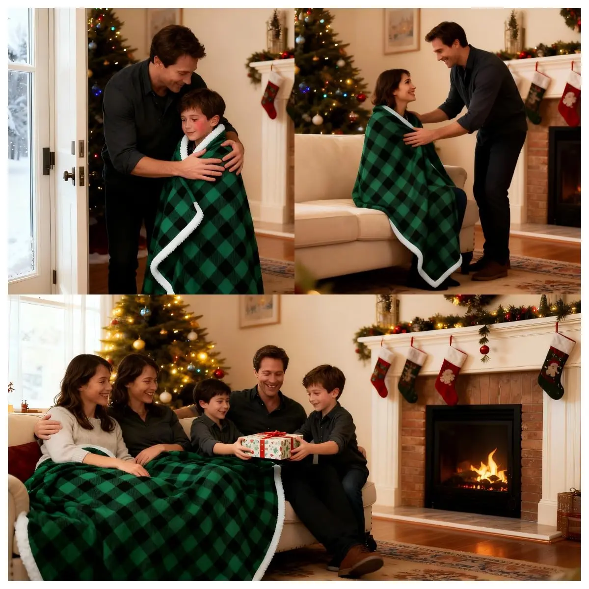 Catalonia Buffalo Plaid Green Sherpa Throw Blanket | Reversible Fuzzy Cozy 50x60 inches - view 2