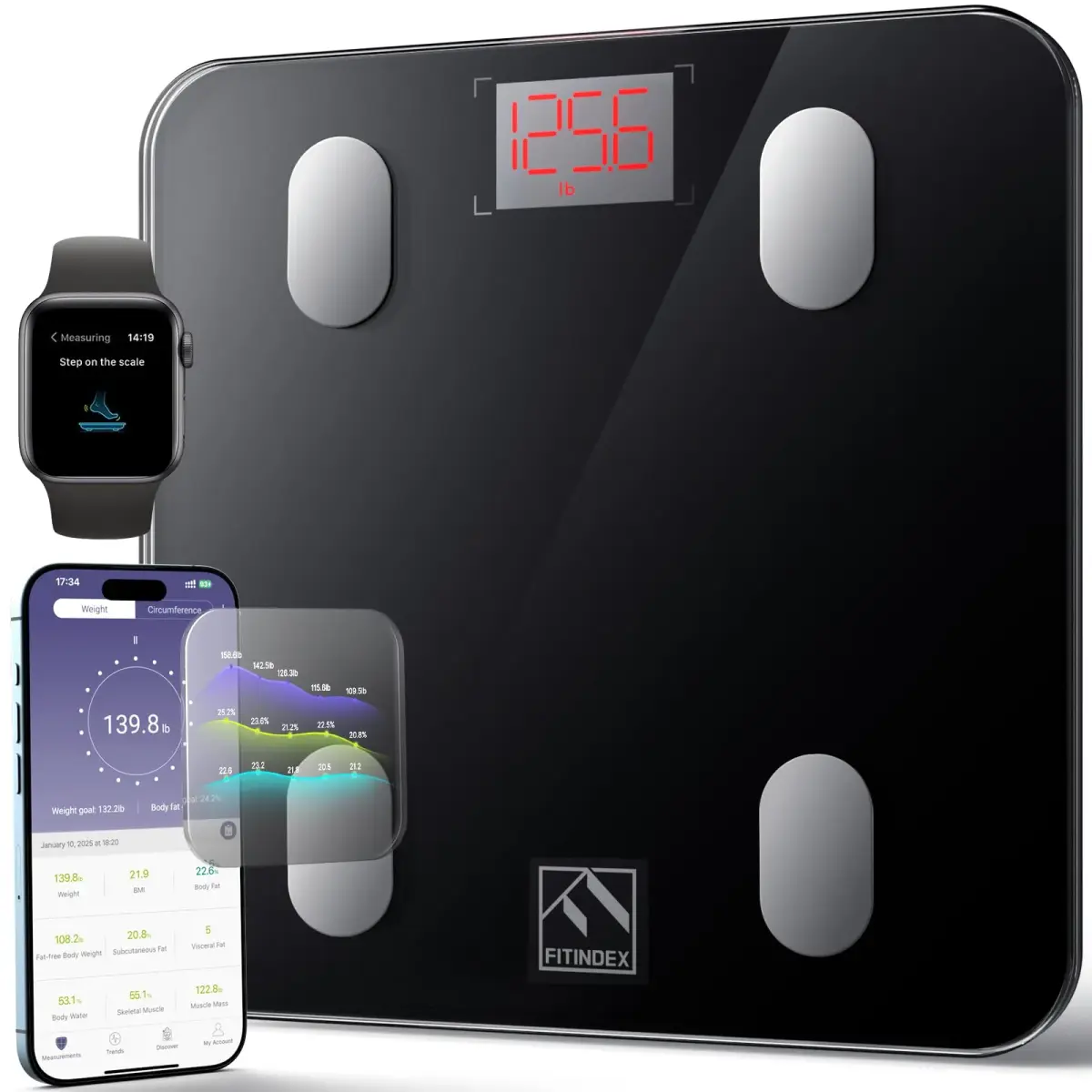 FITINDEX Smart Body Composition Scale Black | Measures 13 Metrics Including BMI & Body Fat - main product image