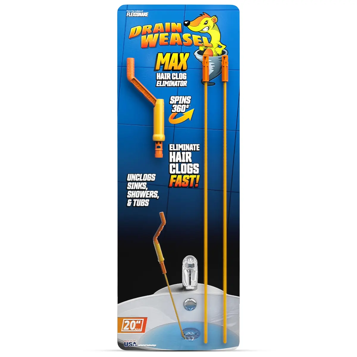 FlexiSnake Drain Weasel Max Sink Snake Hair Clog Remover Tool, 2 Wands | 20" Ultra-Thin Pipe Cleaner with Micro-Hooks - main product image