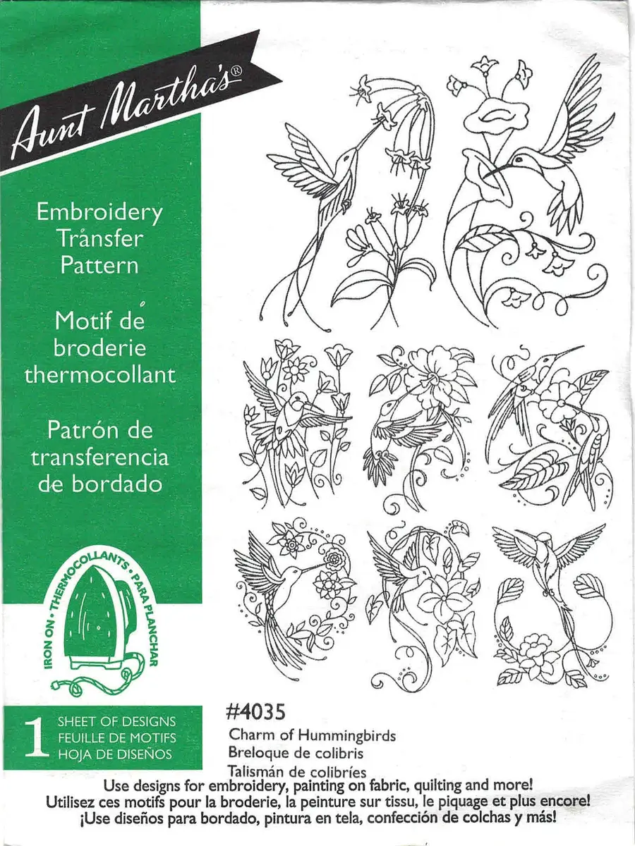 Aunt Martha's Charm of Hummingbirds Iron-On Transfer 18x24in Multicolor | Embroidery & Fabric Art - main product image