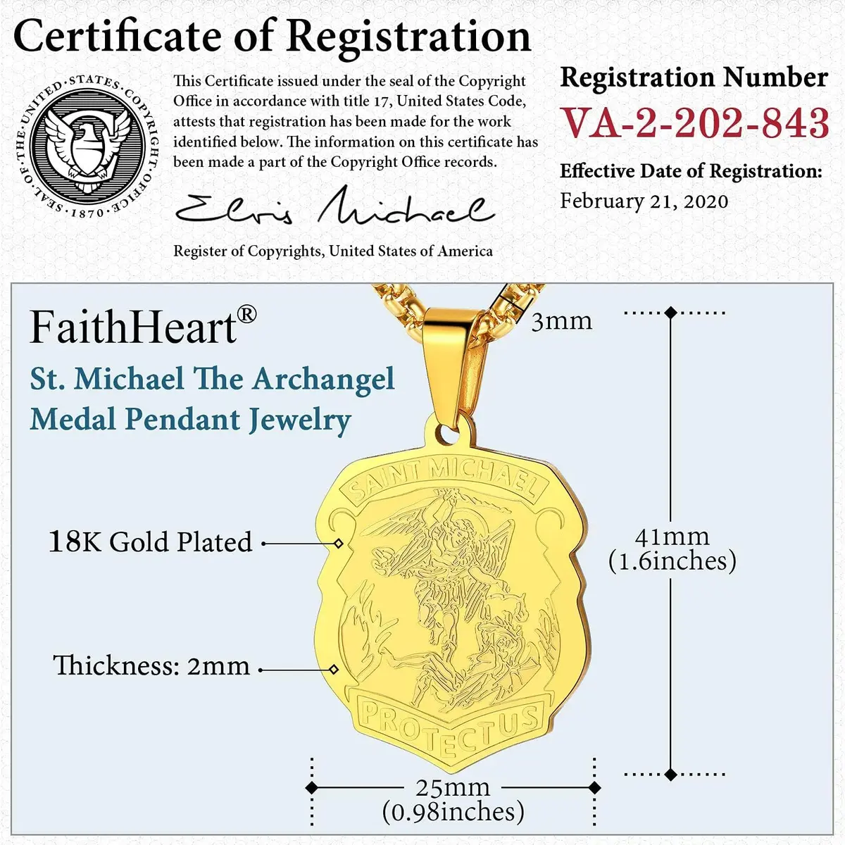 FaithHeart St Michael Archangel Pendant Necklace for Men, 50cm (20+2 inch) Gold Stainless Steel - view 5