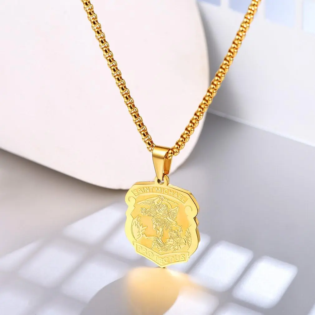 FaithHeart St Michael Archangel Pendant Necklace for Men, 50cm (20+2 inch) Gold Stainless Steel - view 8