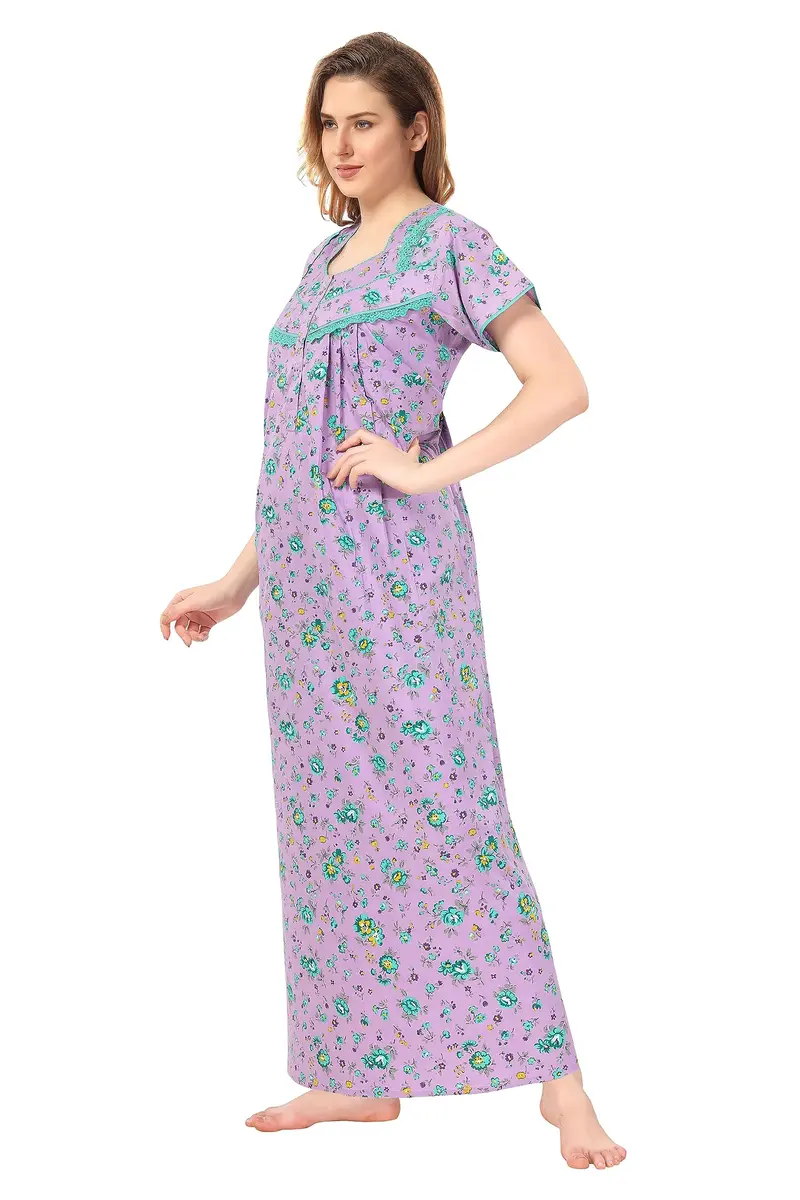Soulemo Women's Cotton Floral Maxi Nightgown Purple L (Bust 44) | Soft Fabric for Sleep & Relaxation - view 5