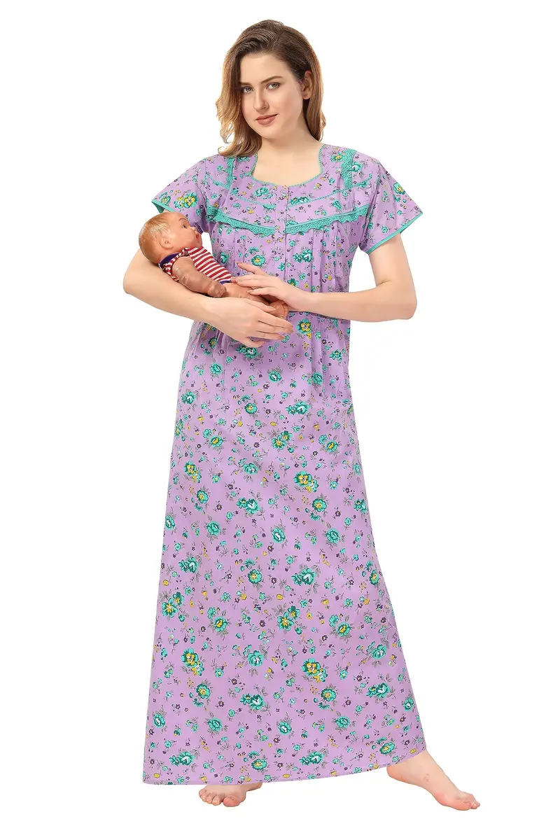 Soulemo Women's Cotton Floral Maxi Nightgown Purple L (Bust 44) | Soft Fabric for Sleep & Relaxation - view 6
