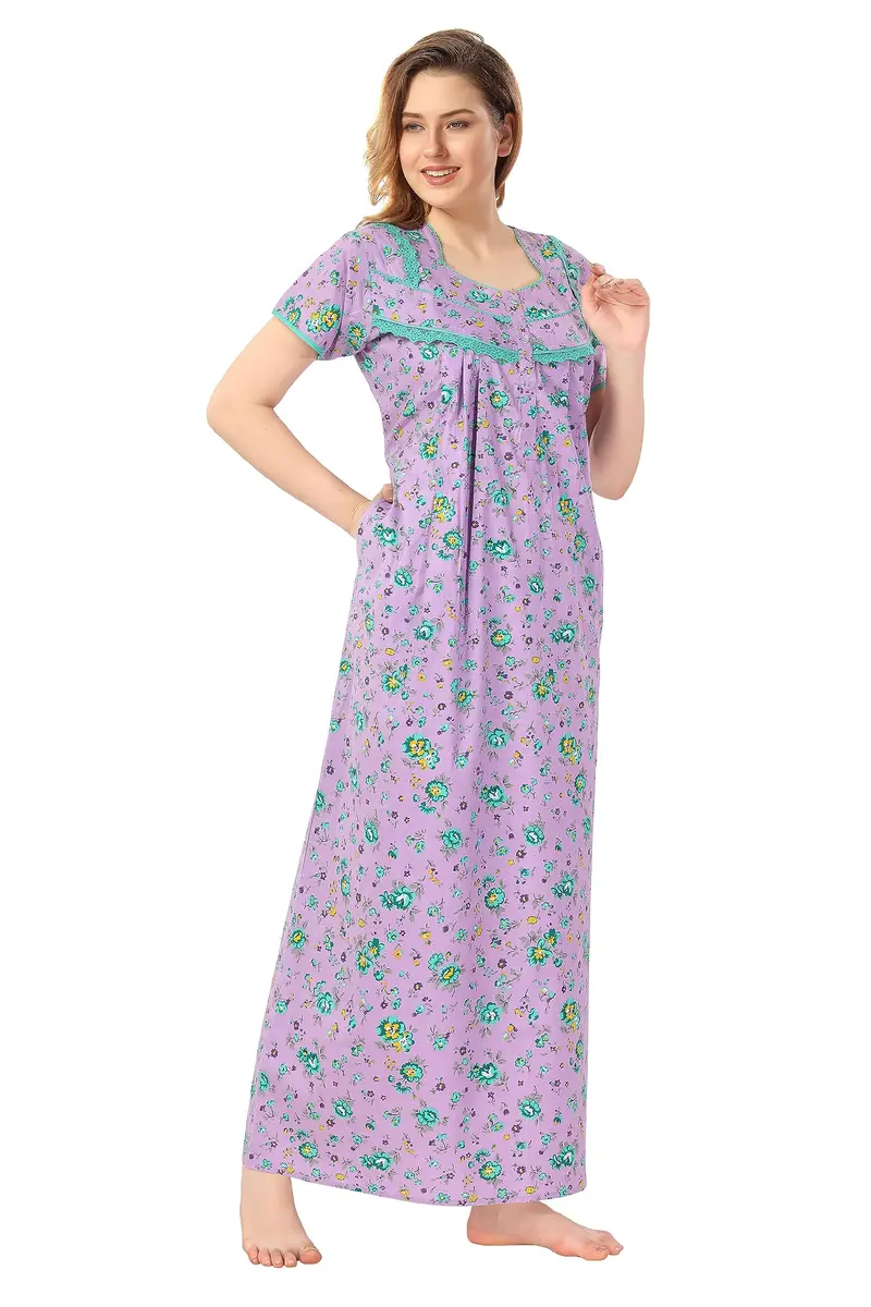 Soulemo Women's Cotton Floral Maxi Nightgown Purple L (Bust 44) | Soft Fabric for Sleep & Relaxation - view 4