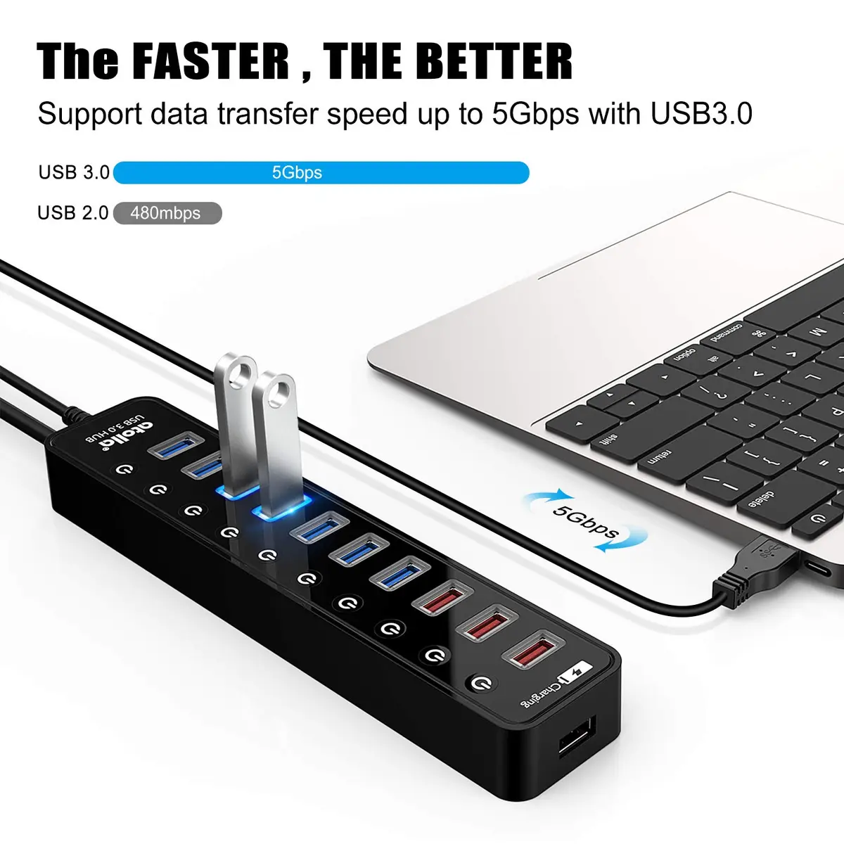 atolla Powered USB 3.0 Hub with 11 Ports | 7 Data + 4 Charging Ports, 12V/4A Power Adapter, Plug & Play (70-120c) - view 2