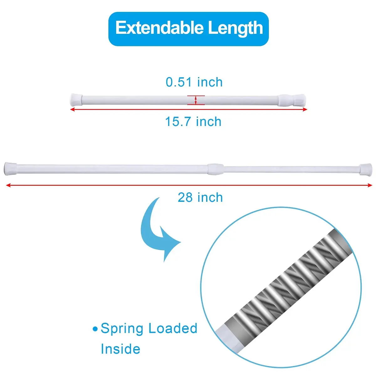 SIQUK 6 Pack Adjustable Spring Tension Rods 40-71 cm (15.7-28 Inches) | White, Stainless Steel, No-Drill Installation - view 3