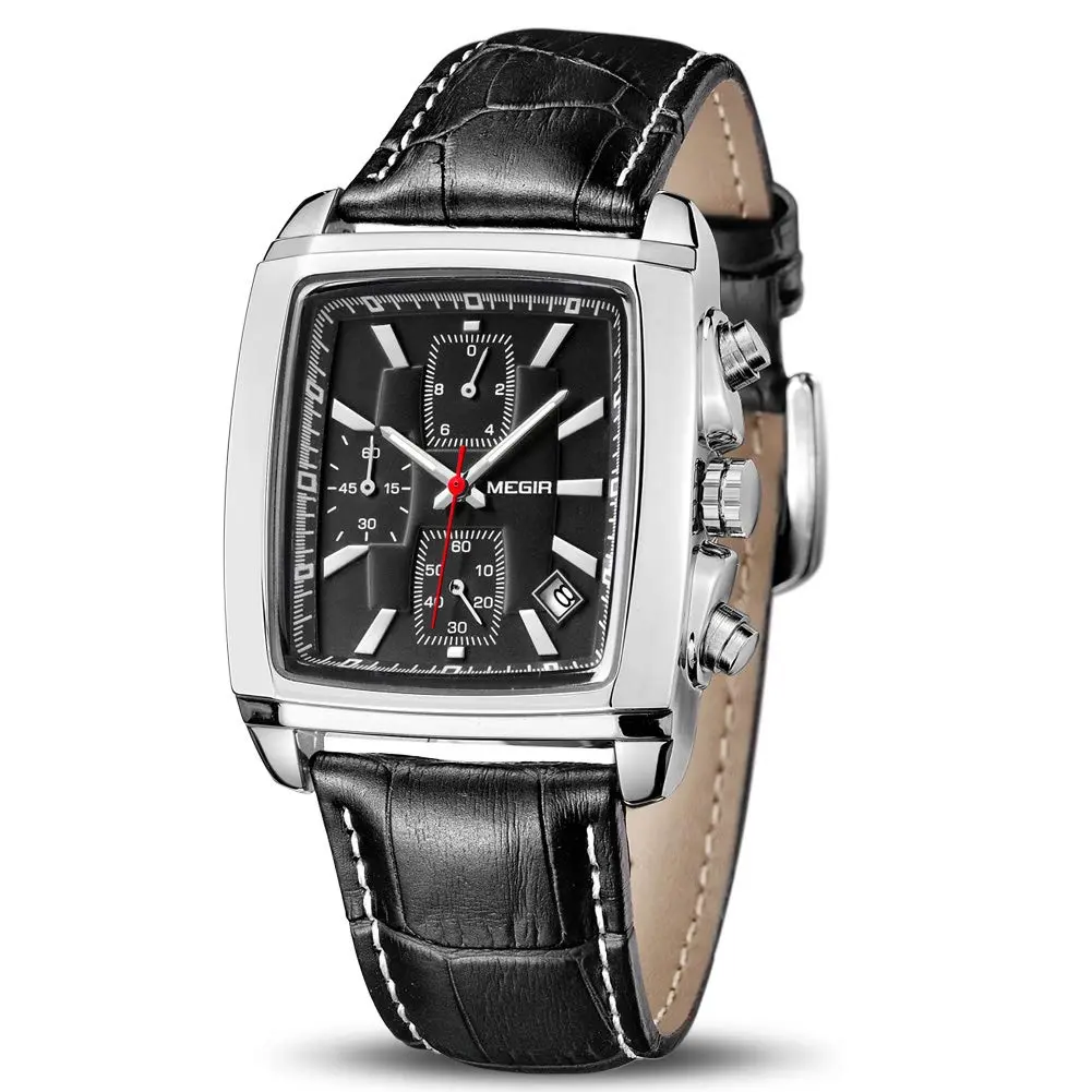 MEGIR Men's Business Analogue Chronograph 38mm | Luminous Rectangle Quartz Watch with Black Leather Strap - main product image