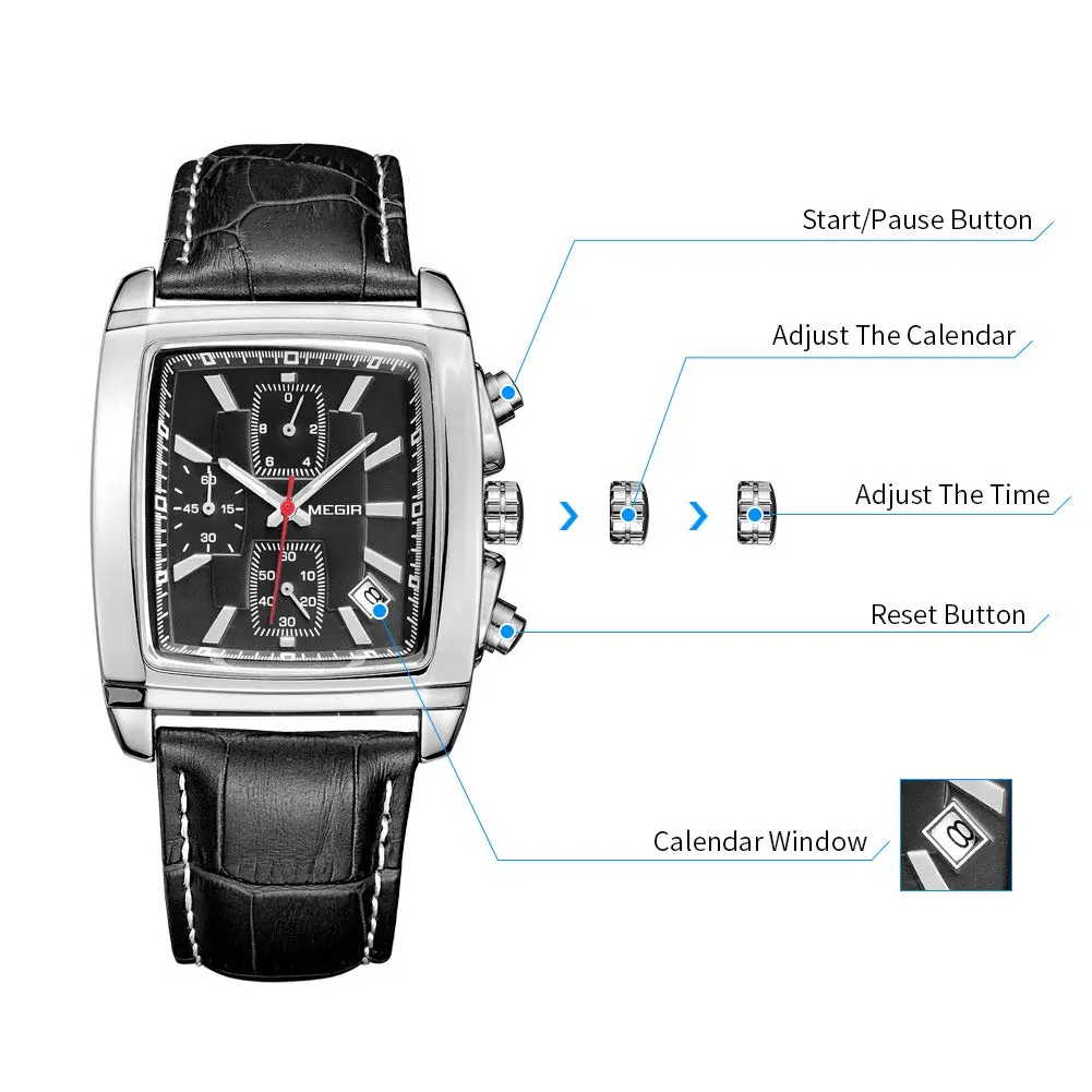 MEGIR Men's Business Analogue Chronograph 38mm | Luminous Rectangle Quartz Watch with Black Leather Strap - view 5