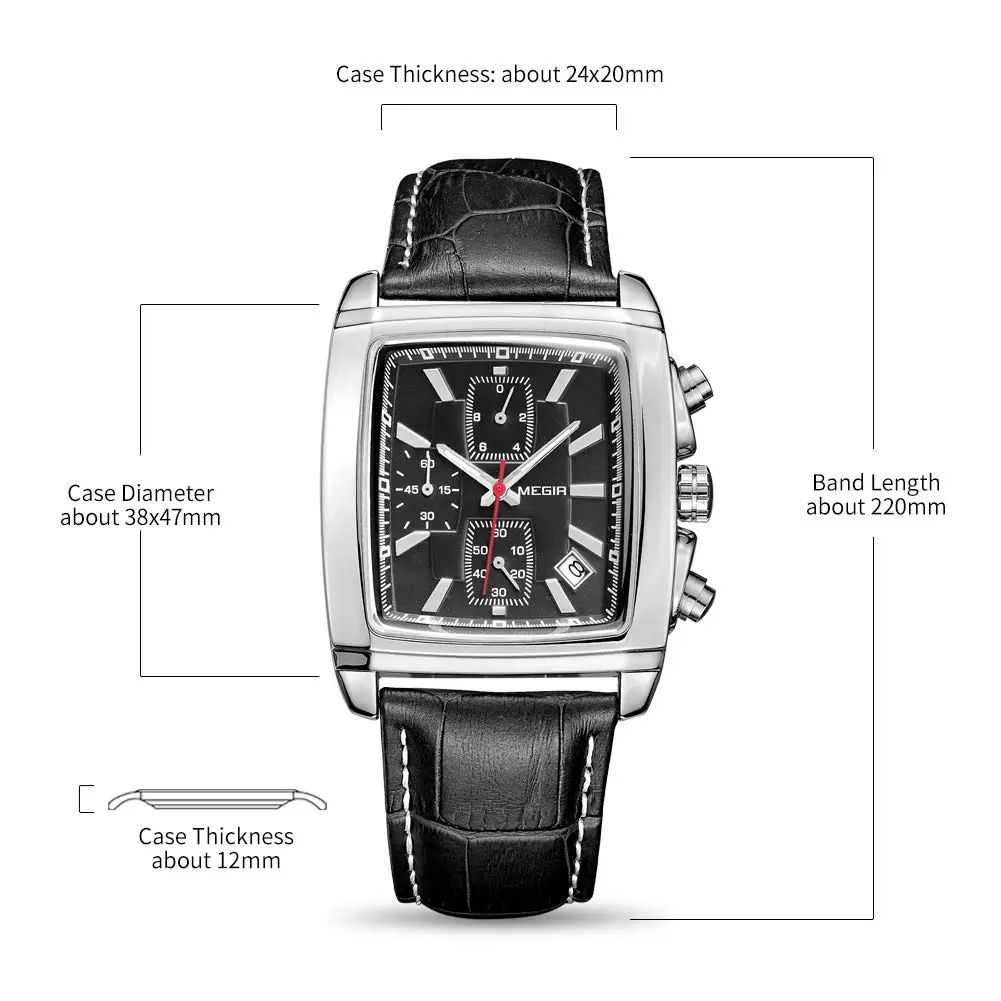 MEGIR Men's Business Analogue Chronograph 38mm | Luminous Rectangle Quartz Watch with Black Leather Strap - view 6
