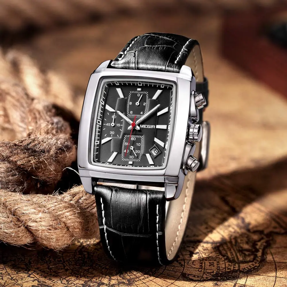 MEGIR Men's Business Analogue Chronograph 38mm | Luminous Rectangle Quartz Watch with Black Leather Strap - view 7