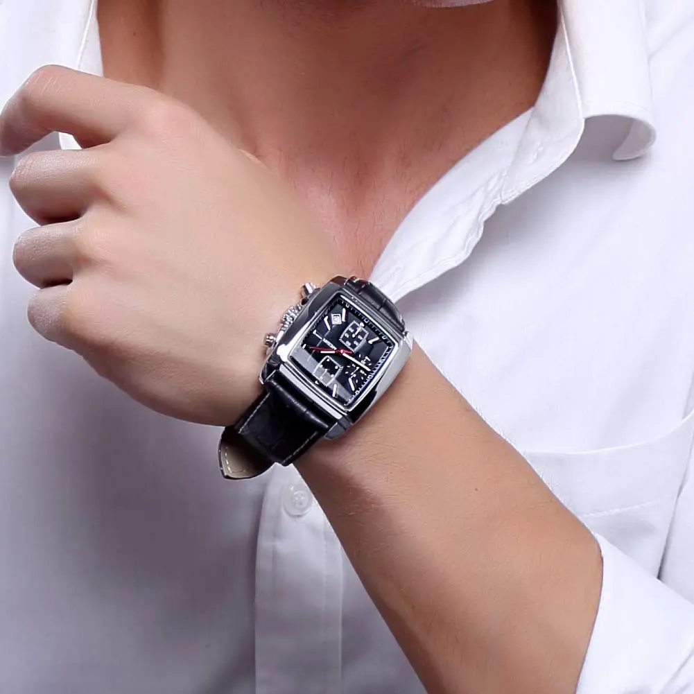 MEGIR Men's Business Analogue Chronograph 38mm | Luminous Rectangle Quartz Watch with Black Leather Strap - view 2