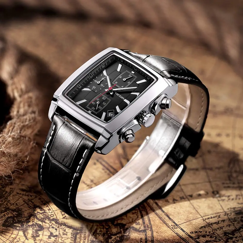 MEGIR Men's Business Analogue Chronograph 38mm | Luminous Rectangle Quartz Watch with Black Leather Strap - view 3