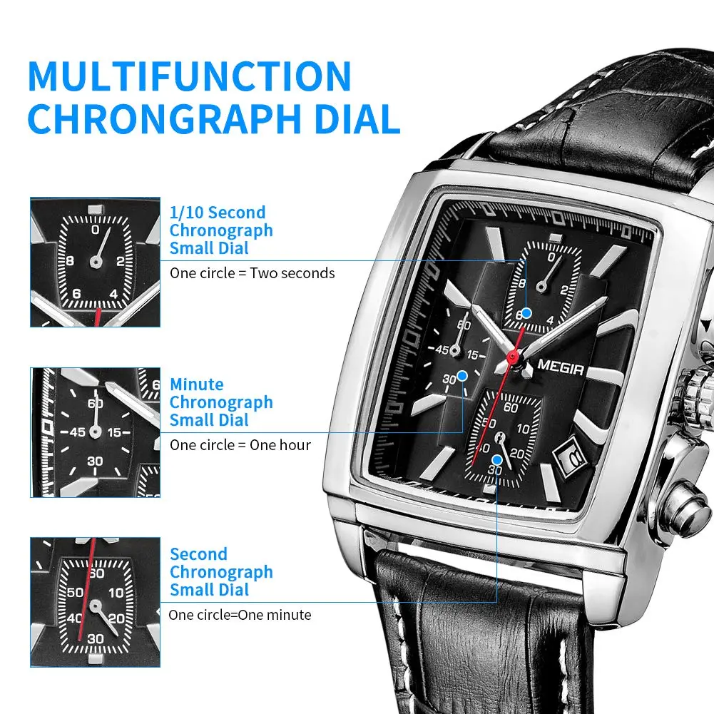 MEGIR Men's Business Analogue Chronograph 38mm | Luminous Rectangle Quartz Watch with Black Leather Strap - view 4