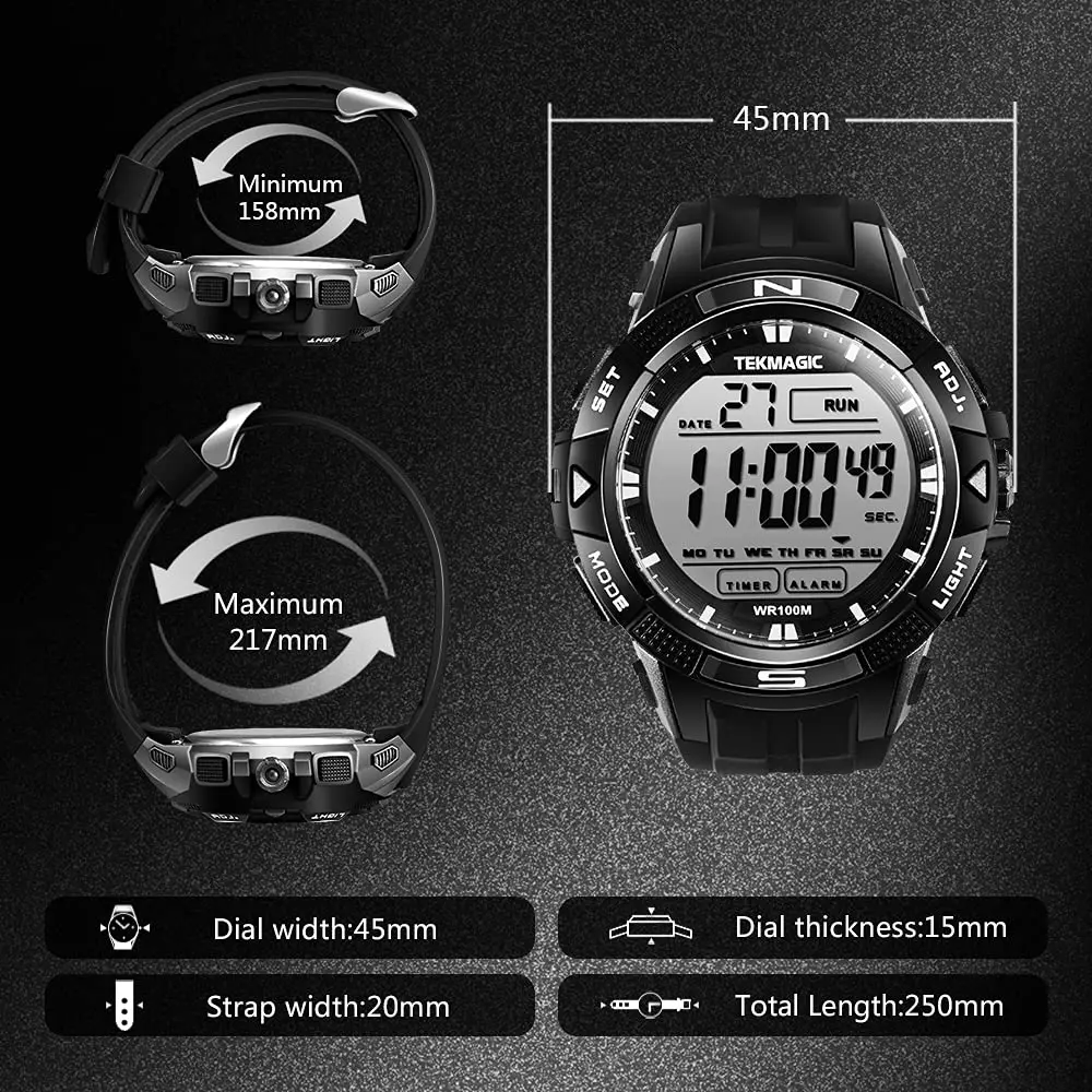 TEKMAGIC Digital Diving Watch 45mm Water-Resistant 10 ATM | Unisex Sport Wristwatch with LCD Screen - view 6