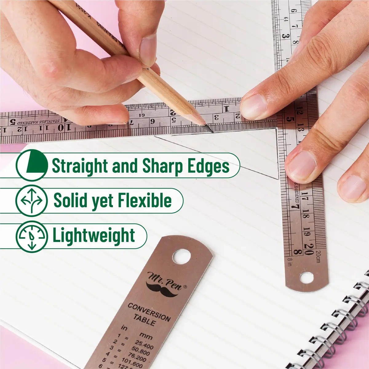 Mr. Pen Metal Straight Edge Ruler Set 4 pcs | 15.2cm, 20.3cm, 30.5cm, 35.6cm (6"-14") - view 5