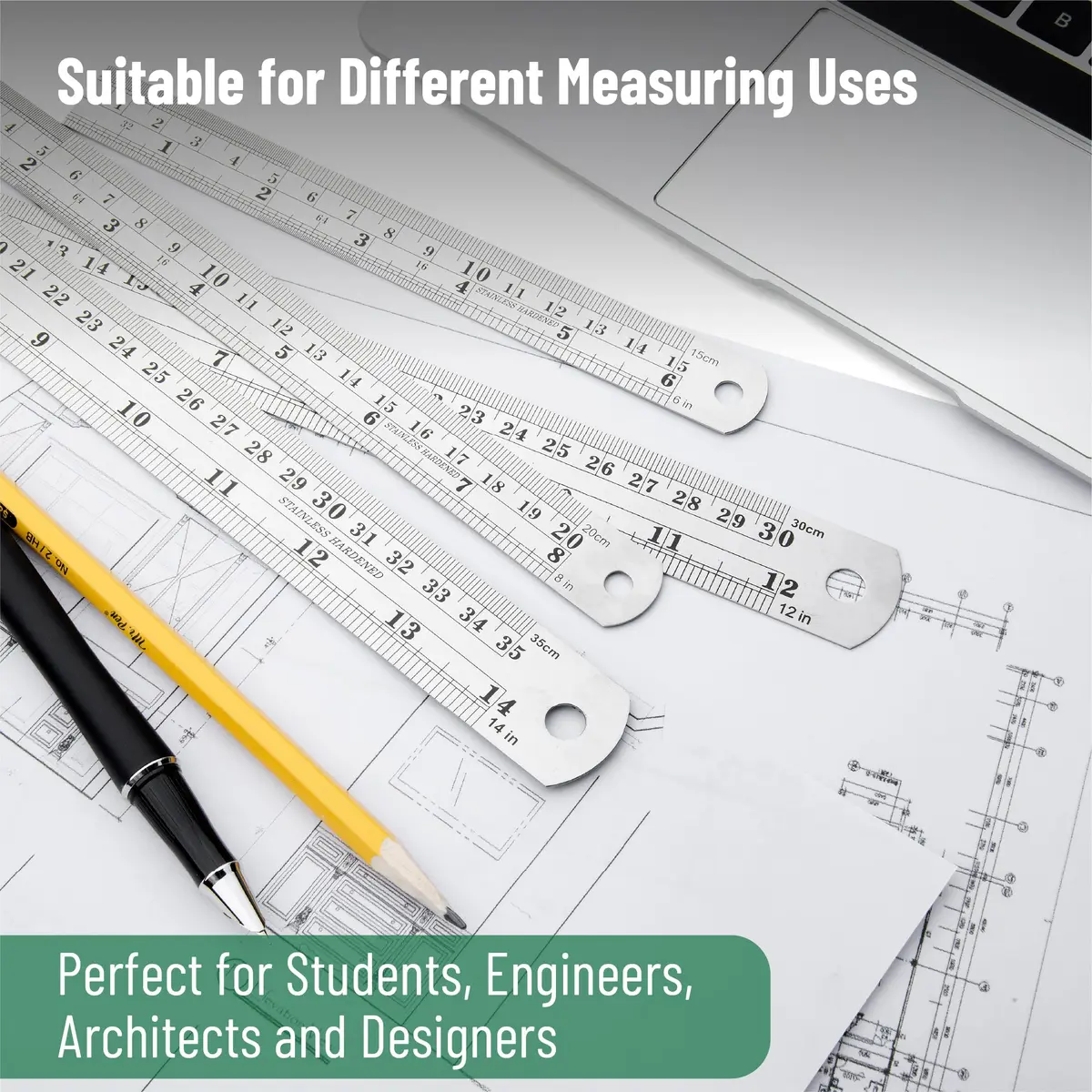 Mr. Pen Metal Straight Edge Ruler Set 4 pcs | 15.2cm, 20.3cm, 30.5cm, 35.6cm (6"-14") - view 6