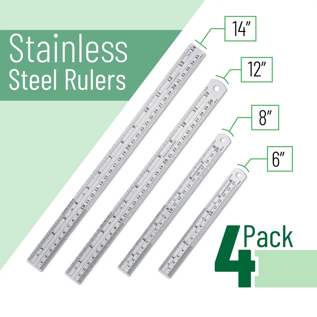 Mr. Pen Metal Straight Edge Ruler Set 4 pcs | 15.2cm, 20.3cm, 30.5cm, 35.6cm (6"-14") - view 2