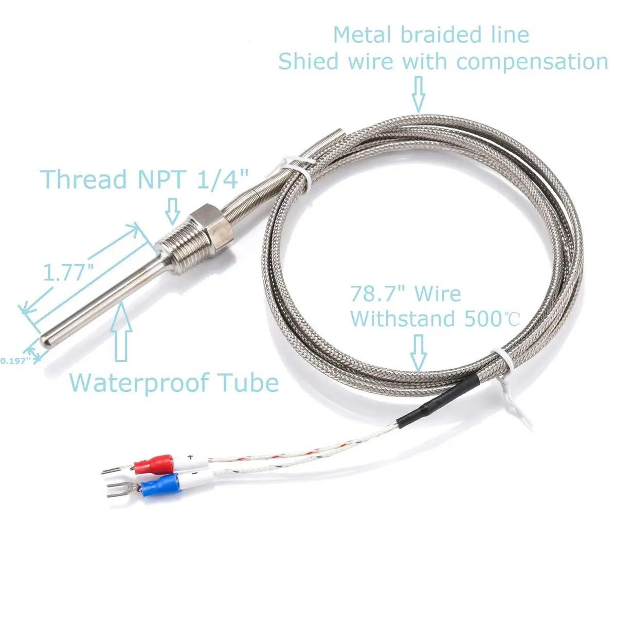 Jaybva K Type Thermocouple Sensor Probe 0-500℃ (50mm Length, 2m Shielded Wire) | Waterproof Industrial Temperature Measurement - view 5