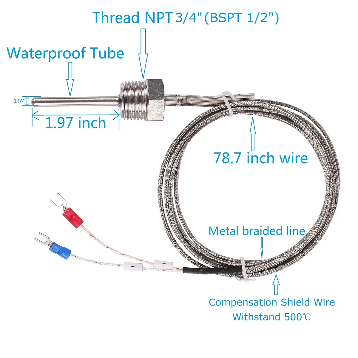 Jaybva K Type Thermocouple Sensor Probe 0-500℃ (50mm Length, 2m Shielded Wire) | Waterproof Industrial Temperature Measurement - view 3