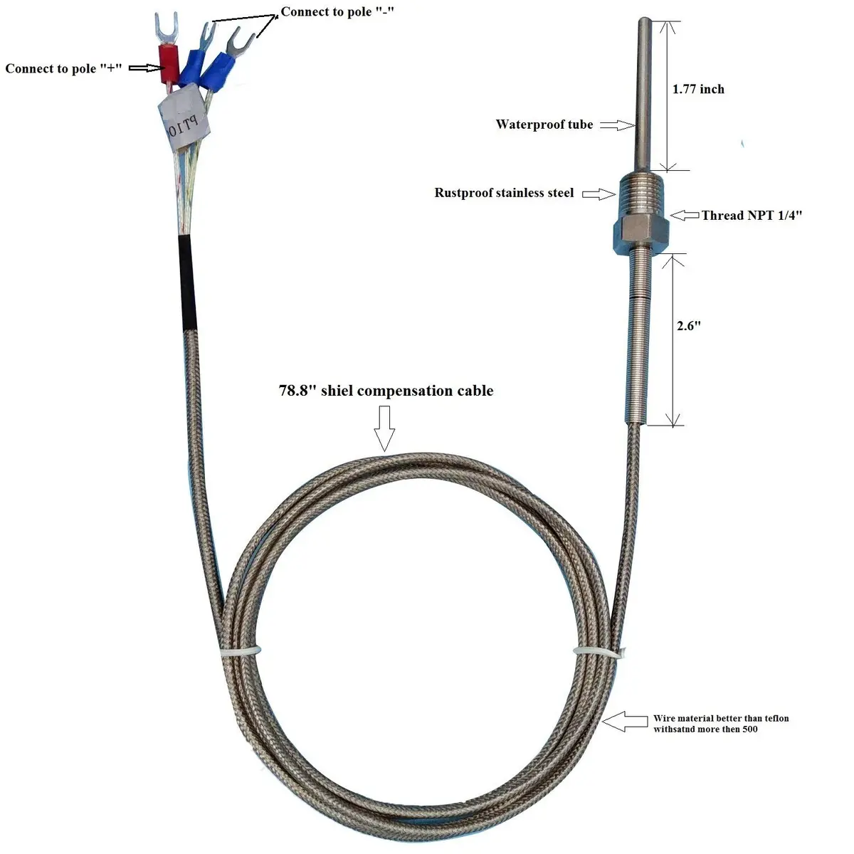Jaybva Waterproof RTD PT100 Temperature Sensor 2m (78.7 inch) | Industrial Grade 3-Wire Thermistor Probe for PID Controllers - view 4