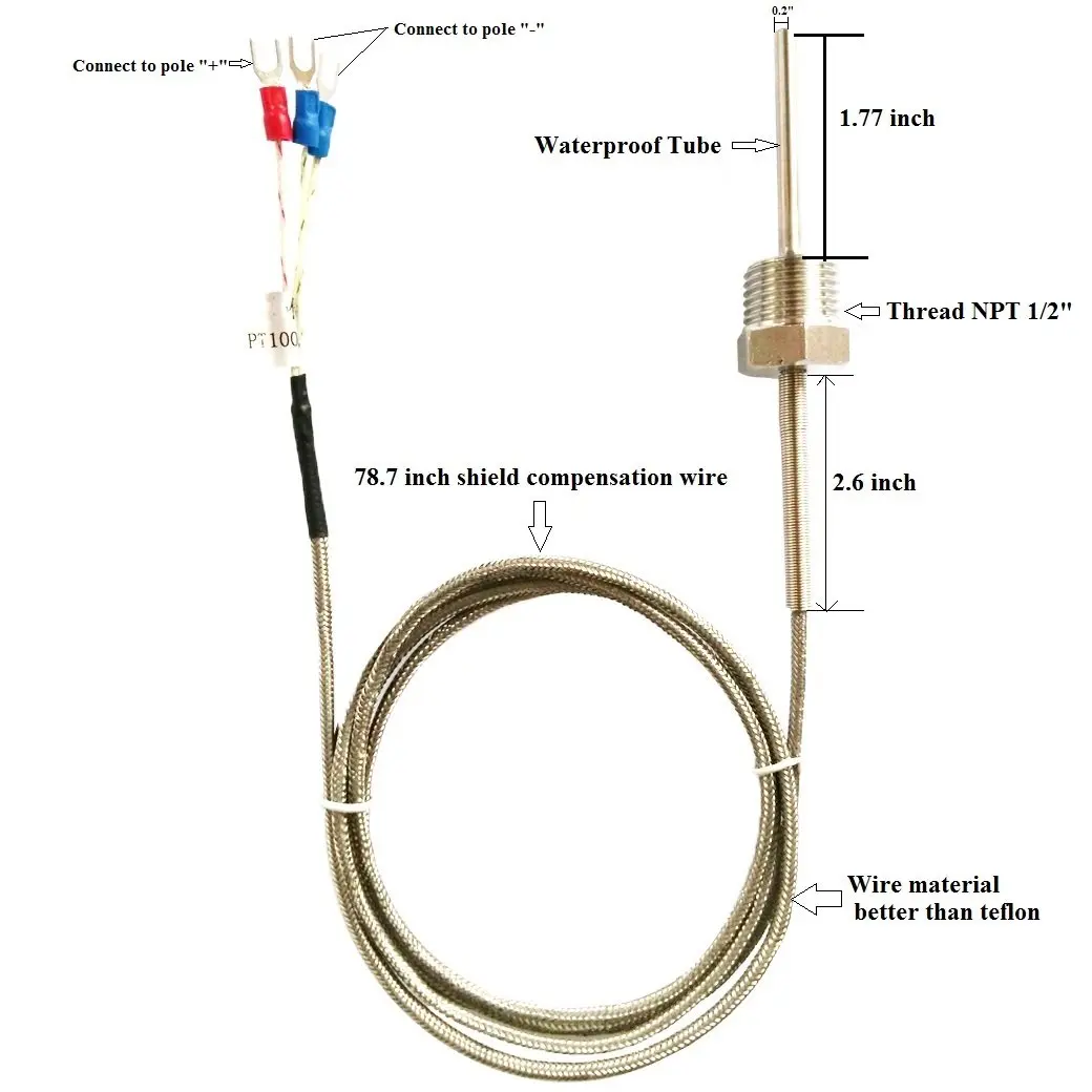 Jaybva Waterproof RTD PT100 Temperature Sensor Probe -50~500℃ | 3-Wire Stainless Steel NPT1/2" Pipe Thread with 2m Shielded Wire - view 5