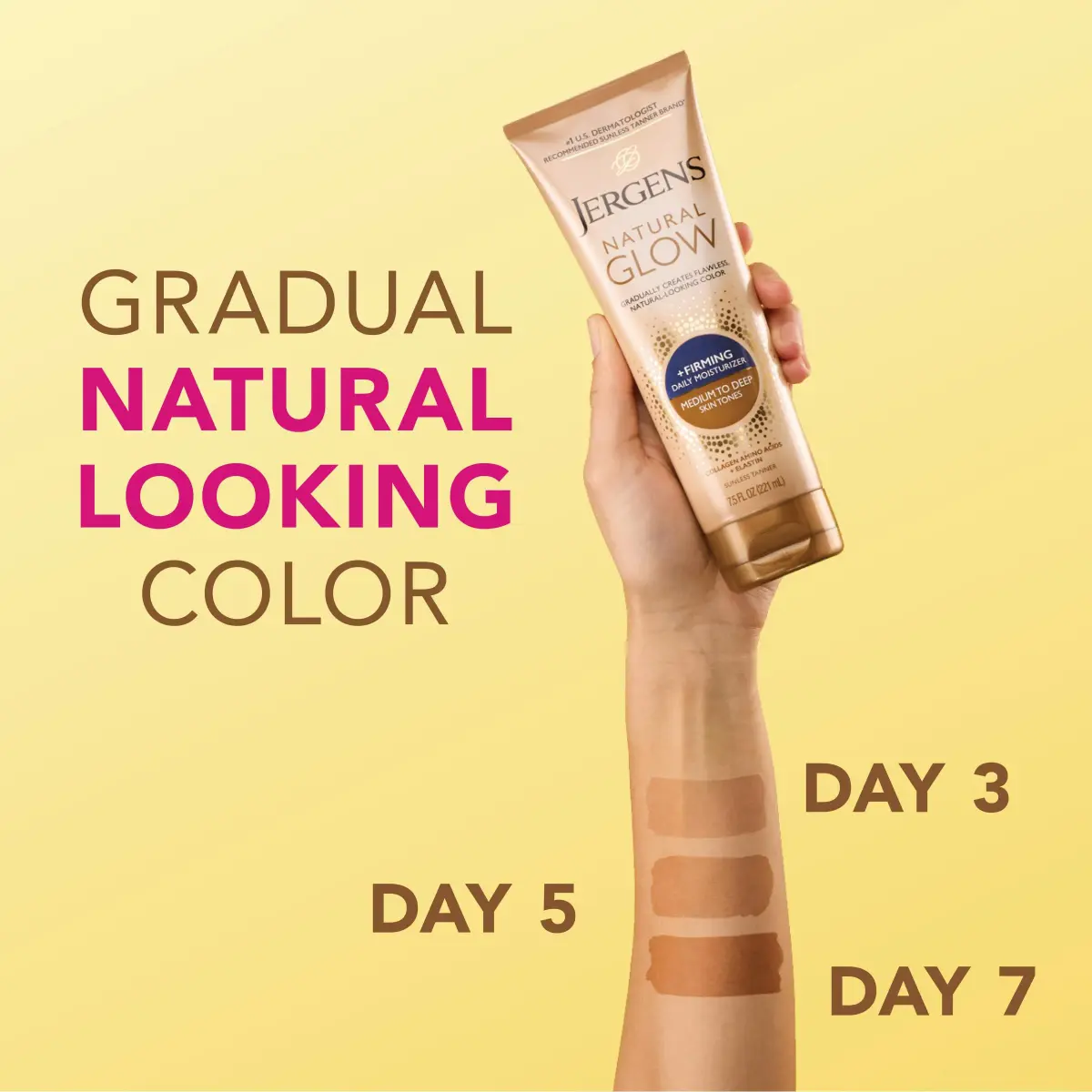 Jergens Natural Glow + Firming Daily Moisturizer Medium to Tan Skin Tones 222ml (7.5 Fl Oz) | Gradual Sunless Tanner with Cellulite Reduction - view 3