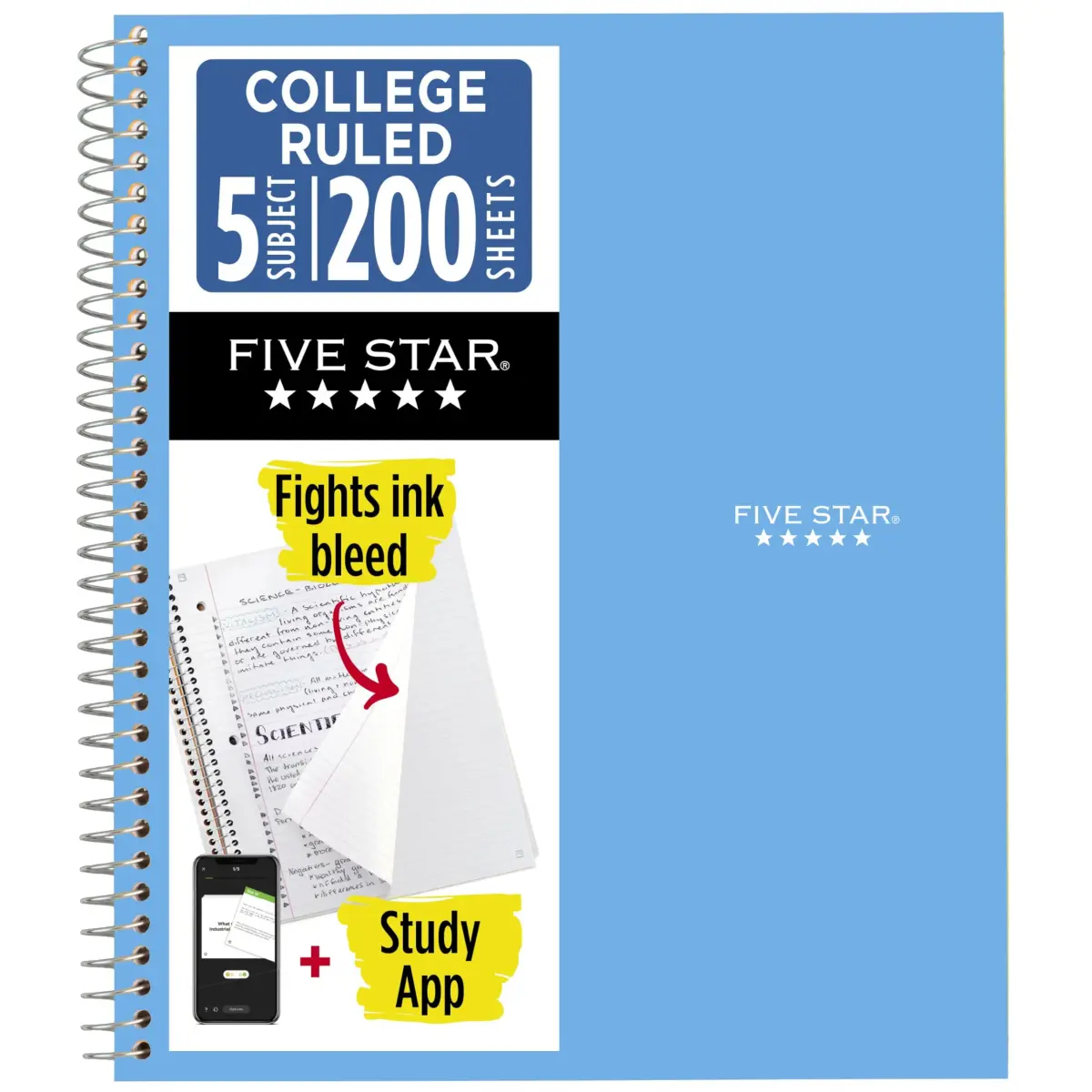 Five Star Spiral Notebook 5 Subject 200 Sheets 8.5" x 11" | College Ruled Paper with Study App & Water-Resistant Cover - main product image